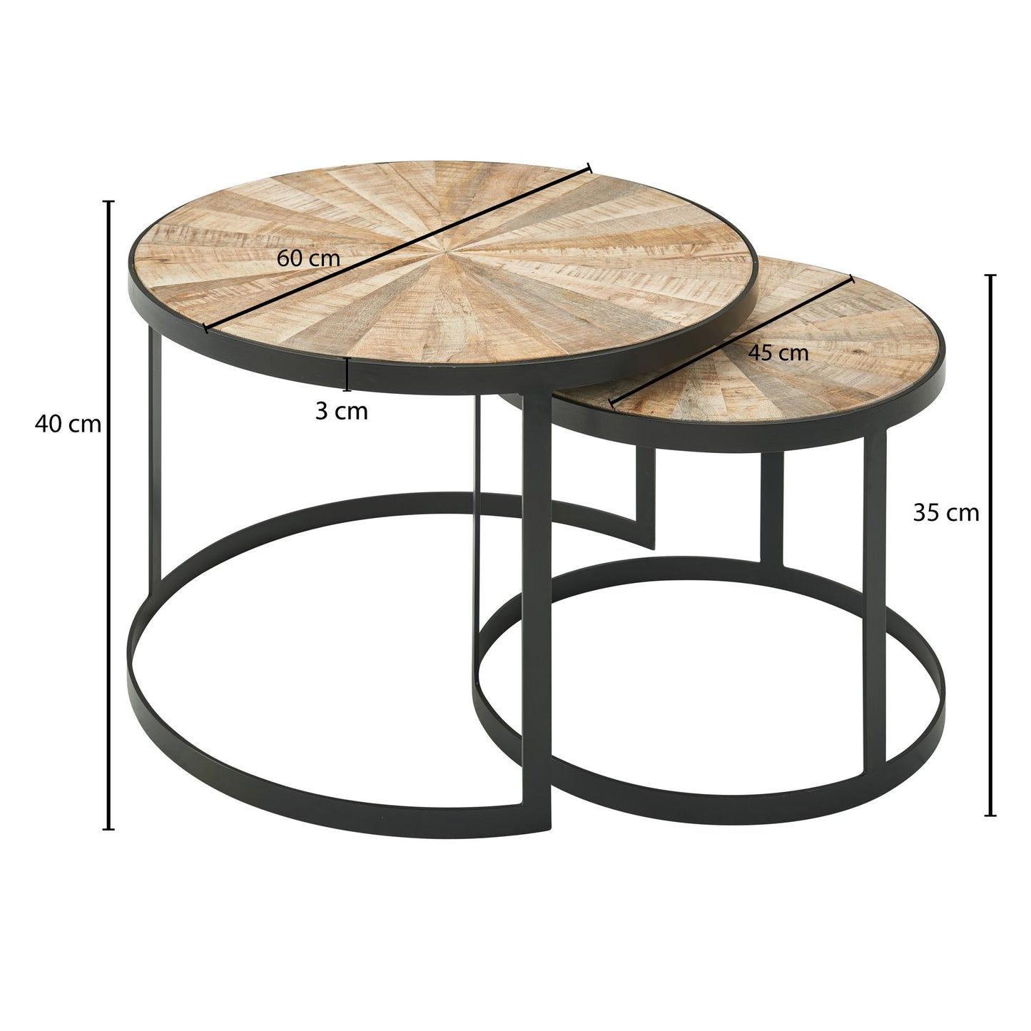 Design Couchtisch 2er Set Mango Massivholz Satztisch Rund Wohnzimmertisch mit Metallbeine Braun Tischset 2 teilig Satztisch Holz Metall Schwarz