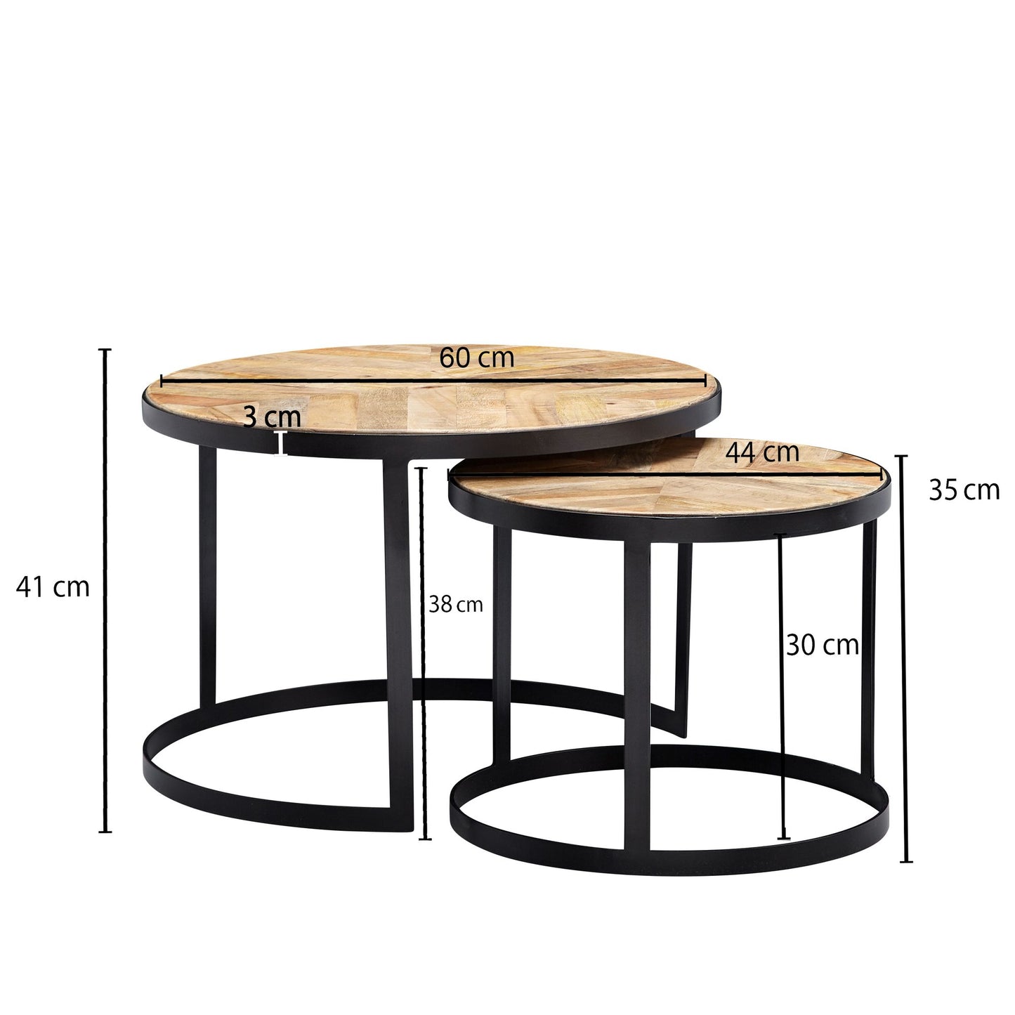 Couchtisch 2er Set Massivholz Metall Wohnzimmertisch Industrial Rund Beistelltisch mit Metallbeine Schwarz Tischset 2 teilig Satztisch Holz