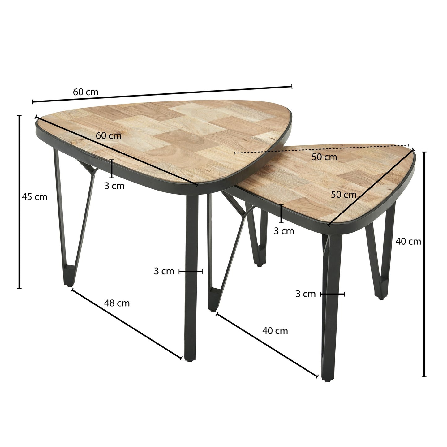 Design Couchtisch 2er Set Mango Akazie Massivholz Satztisch Dreieckig Wohnzimmertisch Braun mit Metallbeine Tischset 2 teilig Satztisch Holz Metall Schwarz