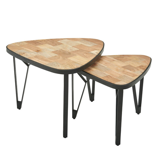 Design Couchtisch 2er Set Mango Akazie Massivholz Satztisch Dreieckig Wohnzimmertisch Braun mit Metallbeine Tischset 2 teilig Satztisch Holz Metall Schwarz