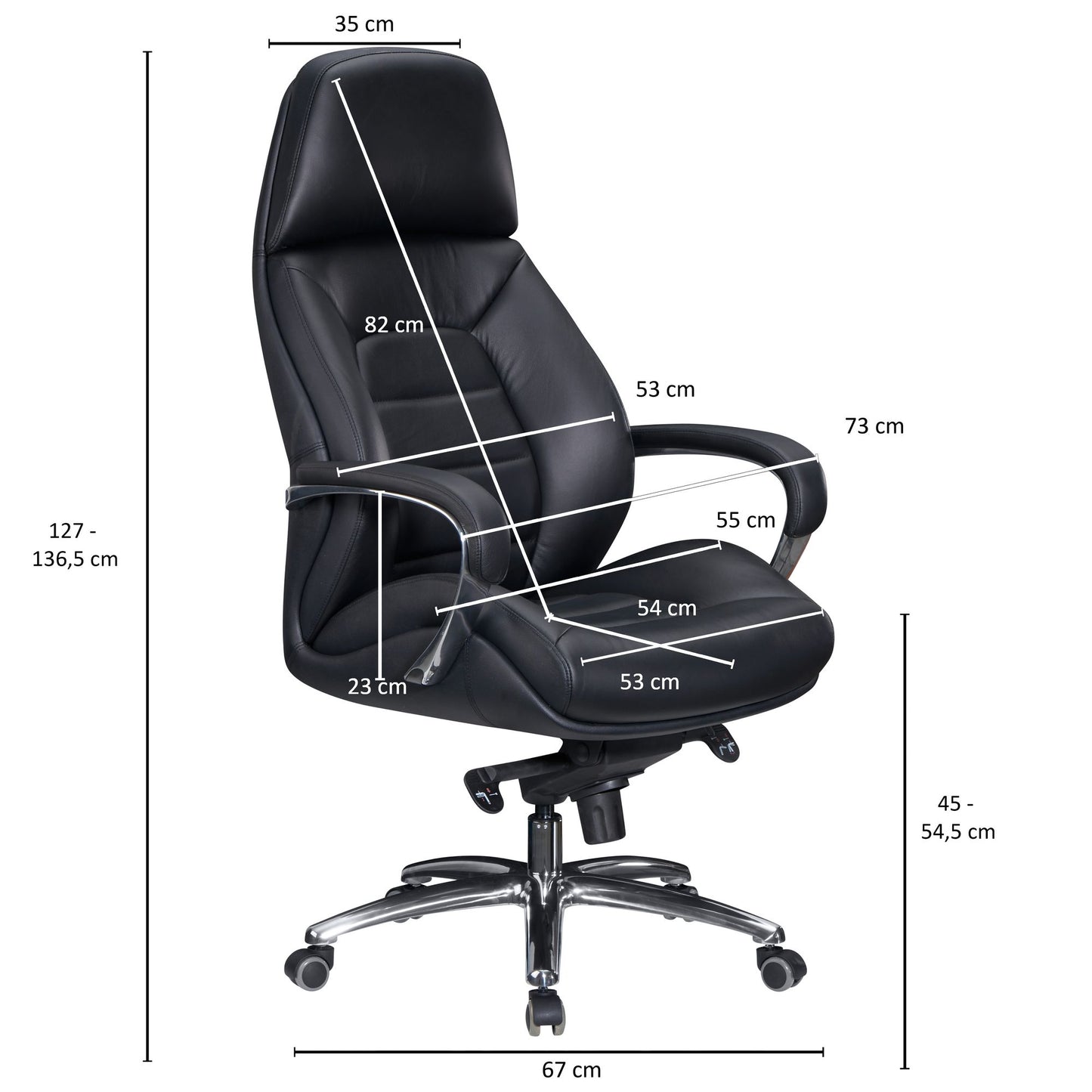 Designer Buerostuhl Bezug Echtleder Schwarz Schreibtischstuhl bis 120 kg  mal  mal L Design Chefsessel hoehenverstellbar Drehstuhl ergonomisch mit Armlehnen und hoher Rueckenlehne Wippfunktion