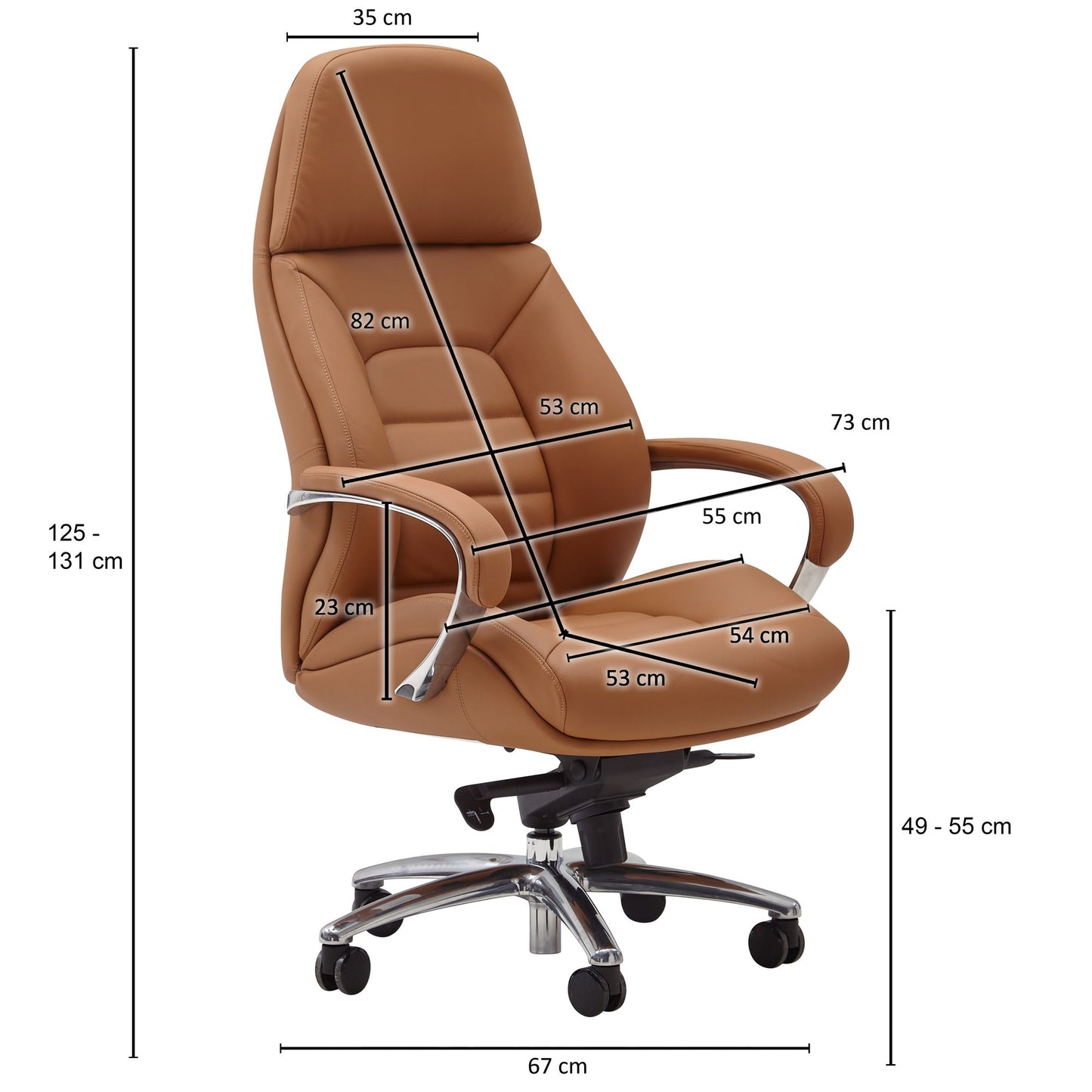 Designer Buerostuhl Bezug Echtleder Caramel Schreibtischstuhl bis 120 kg  mal  mal L Design Chefsessel hoehenverstellbar Drehstuhl ergonomisch mit Armlehnen und hoher Rueckenlehne Wippfunktion