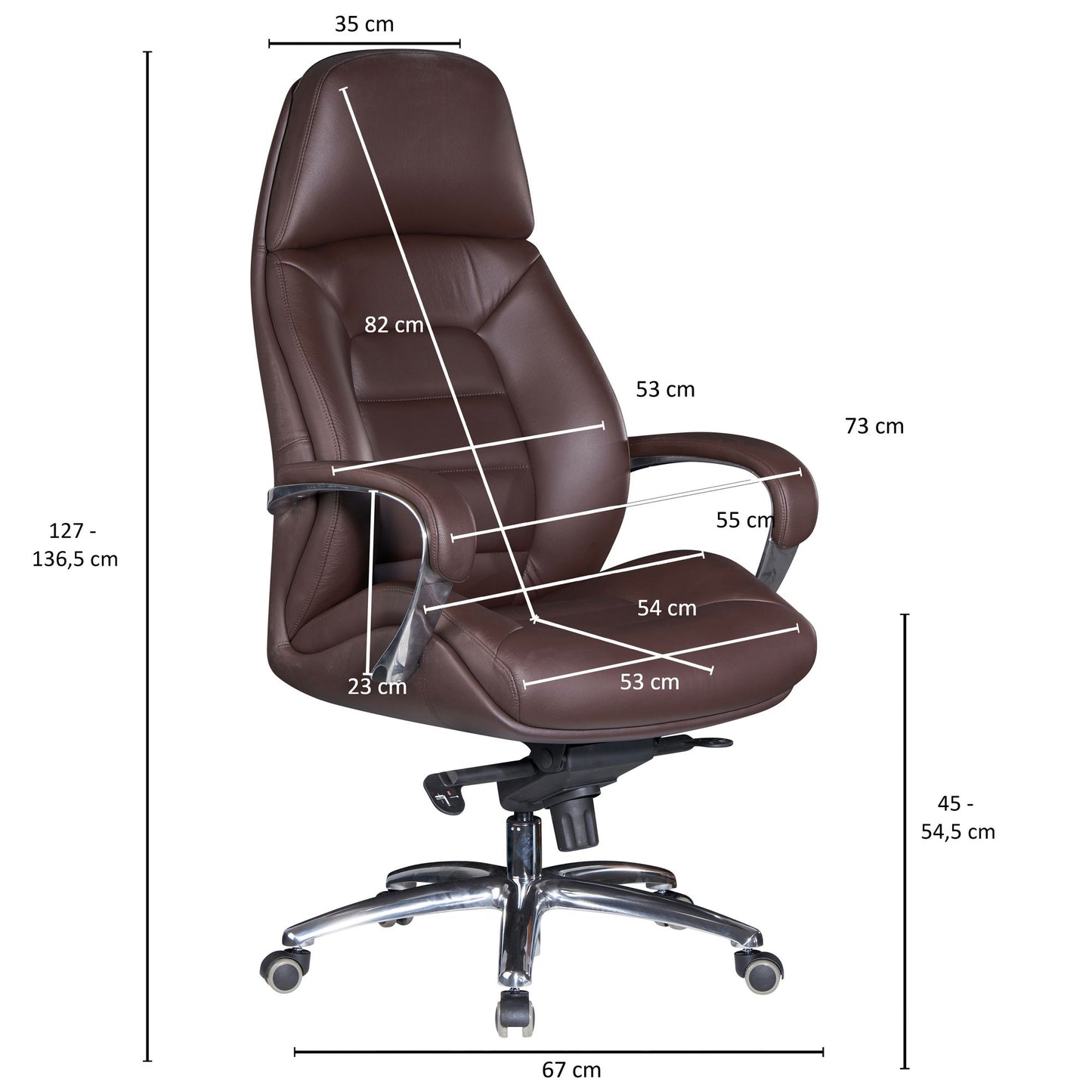 Designer Buerostuhl Bezug Echtleder Braun Schreibtischstuhl bis 120 kg  mal  mal L Design Chefsessel hoehenverstellbar Drehstuhl ergonomisch mit Armlehnen und hoher Rueckenlehne Wippfunktion