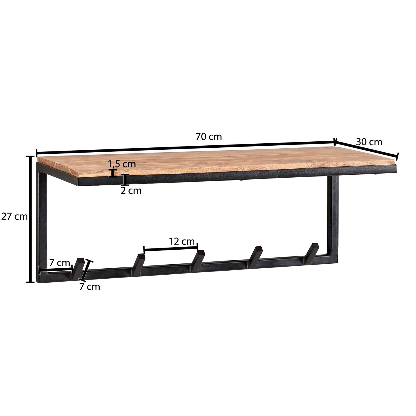 Design Wandgarderobe Akazie Massivholz Metall 70 mal 27 mal 30 cm Hakenleiste mit Ablage Flurgarderobe Garderobe Wand Holz