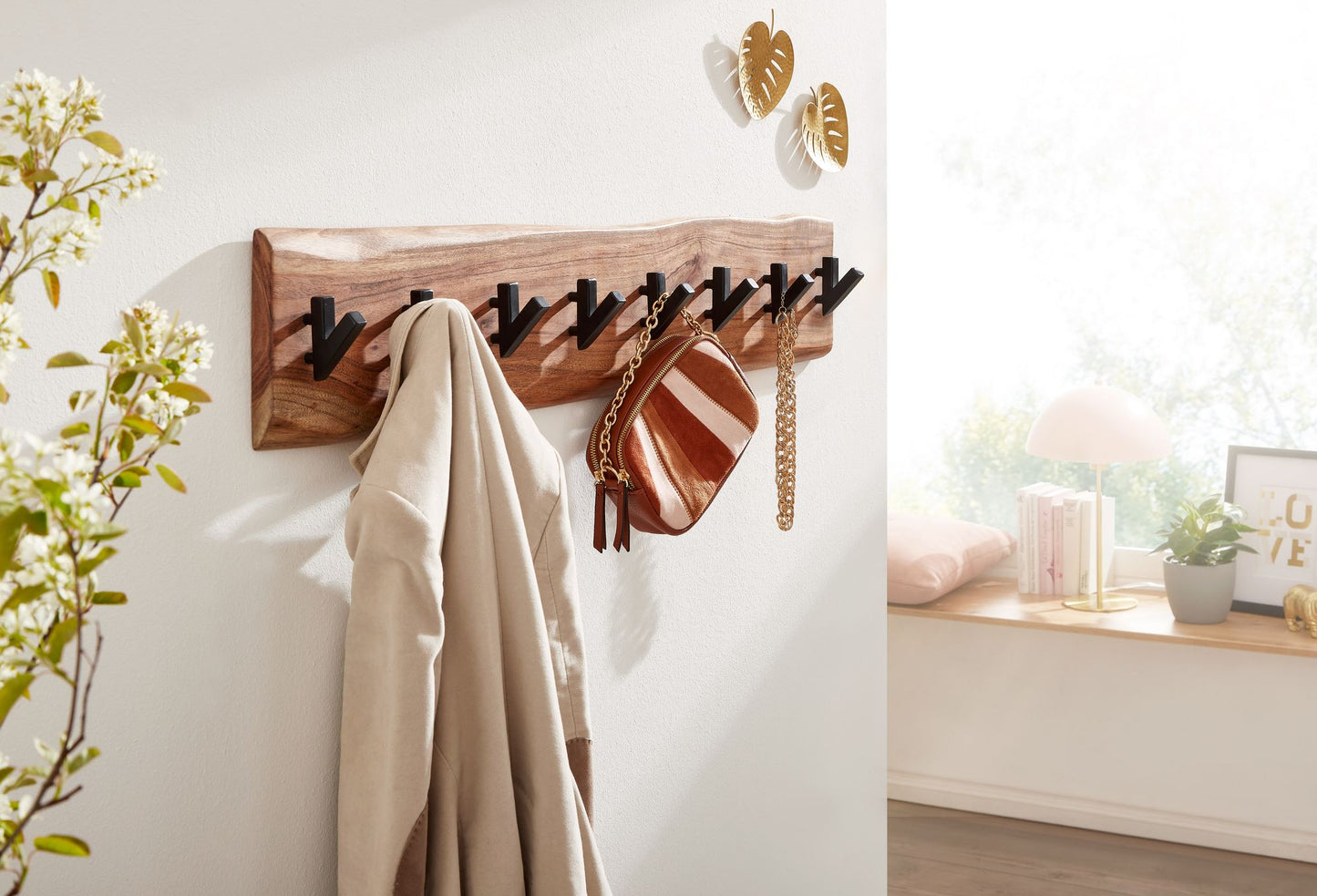 Design Wandgarderobe Akazie Massivholz Metall 90 mal 19 mal 9 cm Hakenleiste Flurgarderobe Wand Garderobe Holz