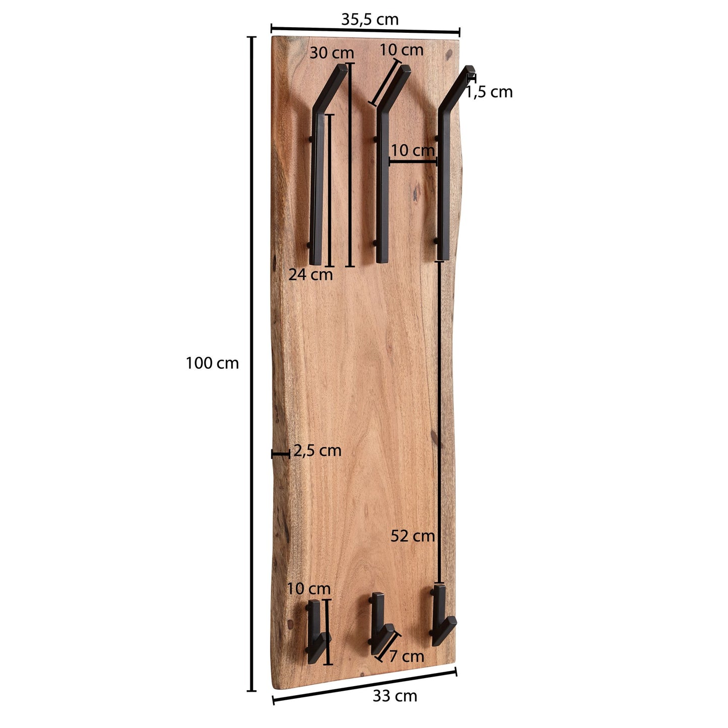 Design Wandgarderobe Akazie Massivholz Metall 35 5 mal 100 mal 11 cm Hakenleiste 2 Reihig Flurgarderobe Wand Garderobe Holz