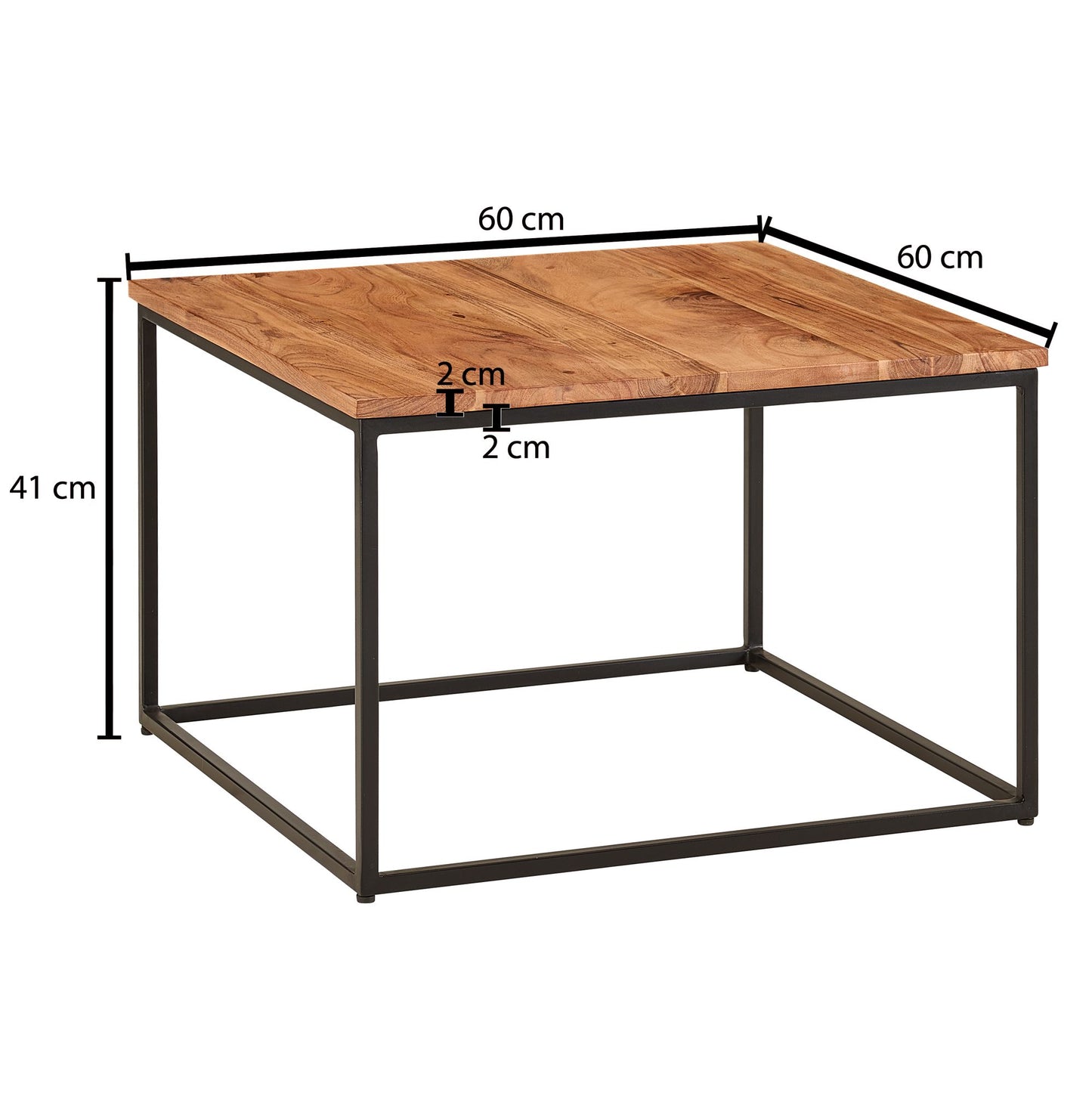 Couchtisch 60 mal 60 mal 41 cm Massivholz Metall Sofatisch Wohnzimmertisch Akazie Stubentisch Industrial Holztisch Kaffeetisch Massiv Tisch Wohnzimmer