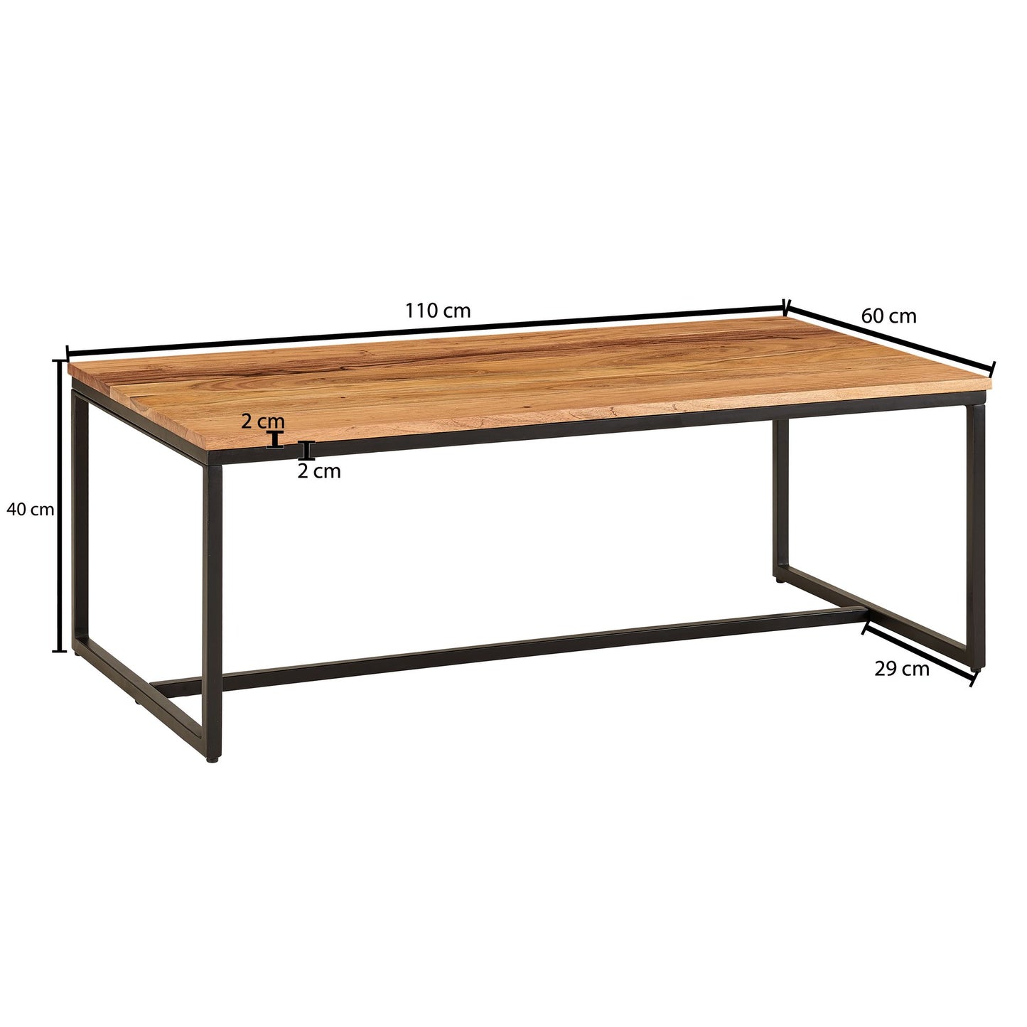 Couchtisch 110 mal 60 mal 40 cm Massivholz Metall Sofatisch Wohnzimmertisch Akazie Stubentisch Industrial Holztisch Kaffeetisch Massiv Tisch Wohnzimmer