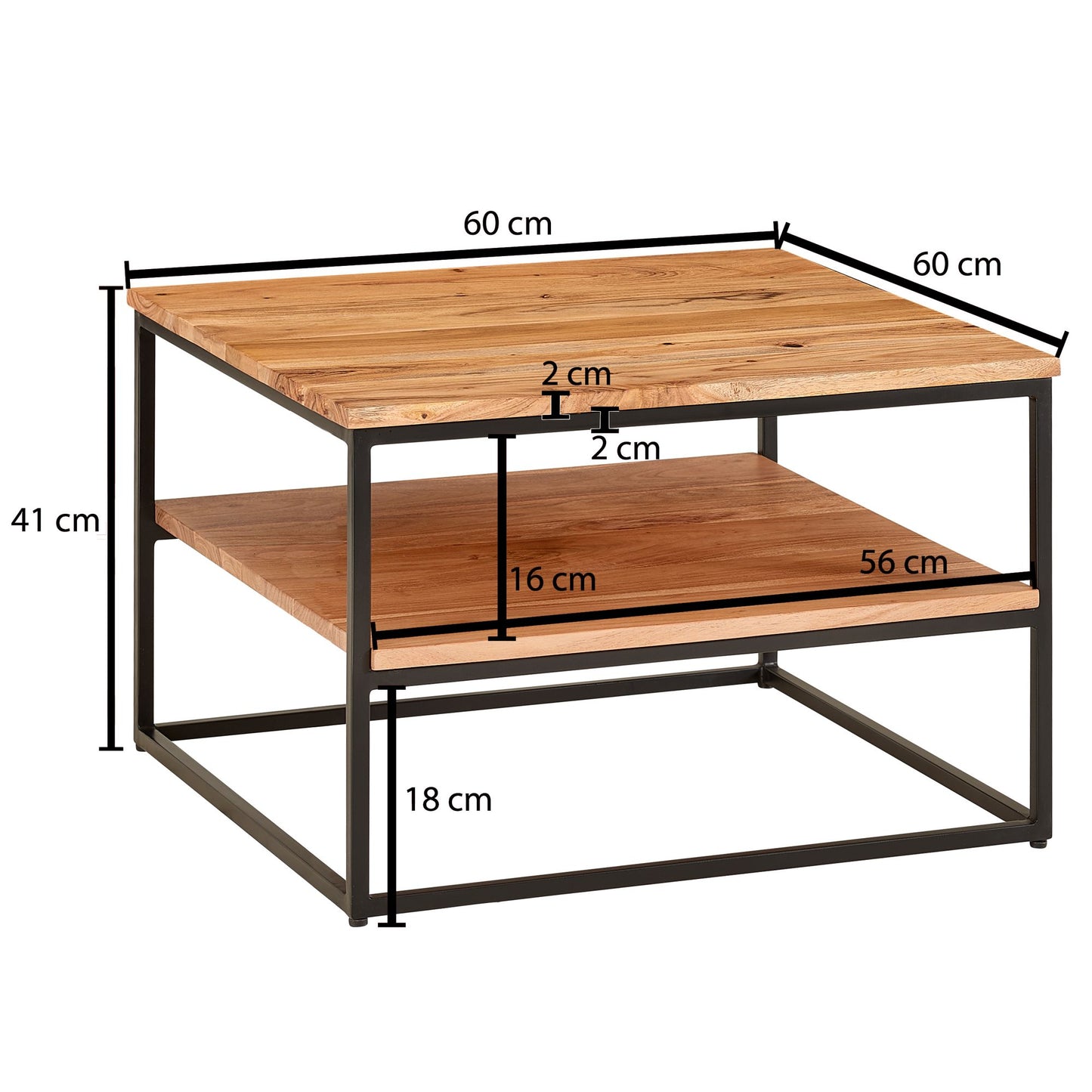 Couchtisch 60 mal 60 mal 41 cm Massivholz Metall Sofatisch Wohnzimmertisch Akazie Stubentisch Industrial mit Stauraum Holztisch Quadratisch Kaffeetisch Massiv