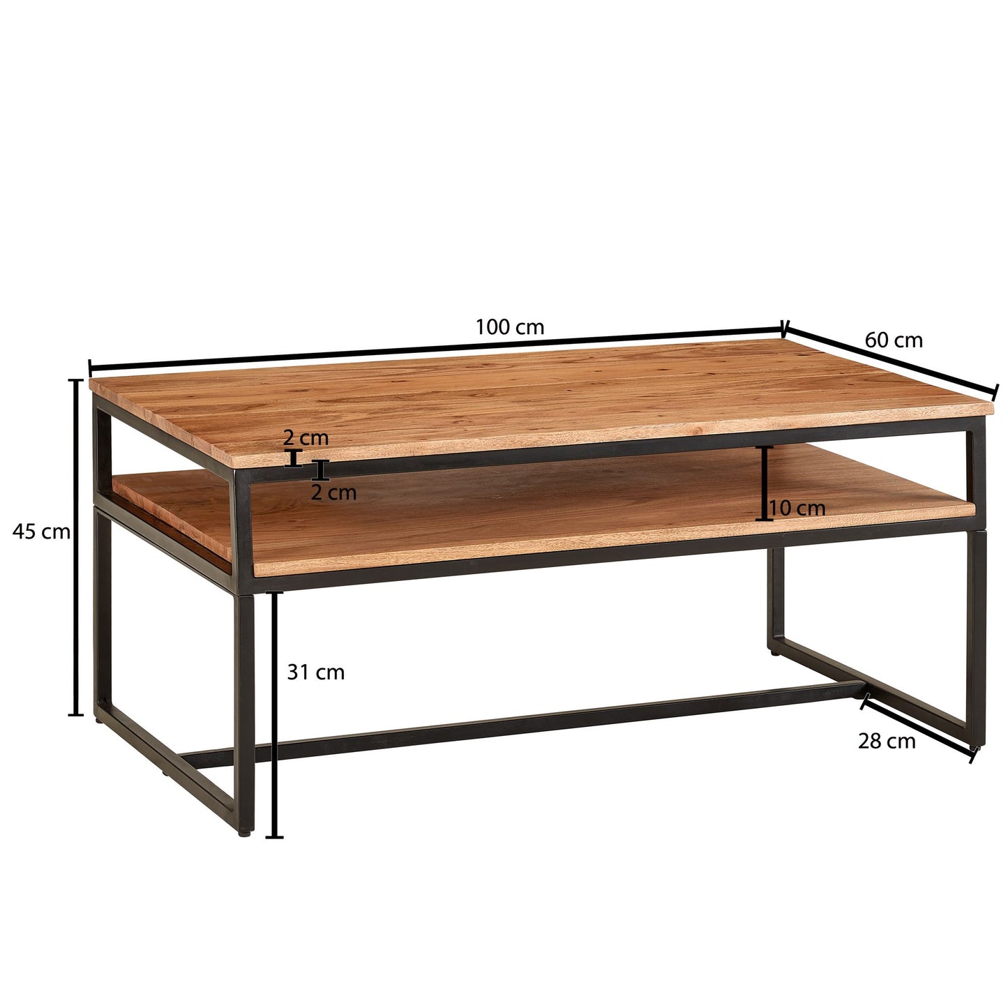 Couchtisch 100 mal 60 mal 45 cm Massivholz Metall Sofatisch Wohnzimmertisch Akazie Stubentisch Industrial mit Stauraum Holztisch Kaffeetisch Massiv