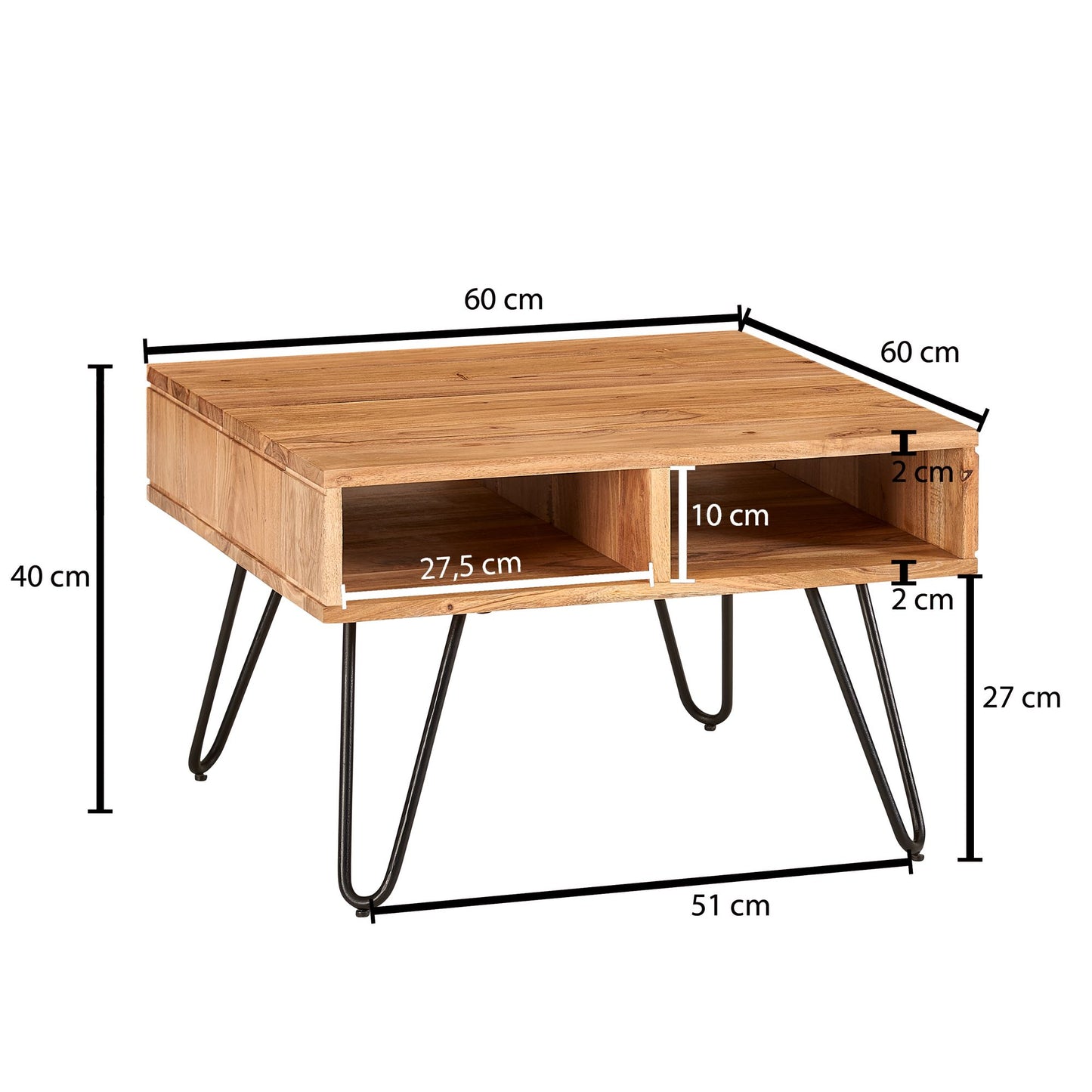 Couchtisch 60 mal 60 mal 40 cm Akazie Massivholz Metall Design Sofatisch Eckig Stubentisch Holz mit Stauraum Wohnzimmertisch Holz Quadratisch Braun