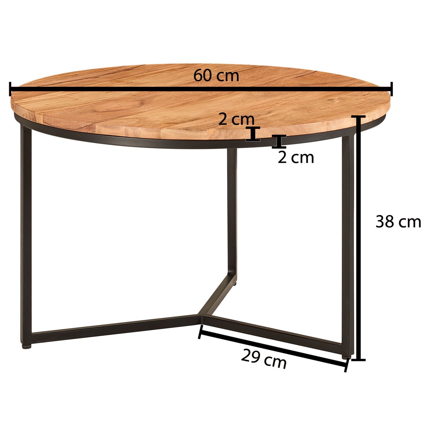 Couchtisch 60 mal 60 mal 38 cm Akazie Massivholz Metall Design Sofatisch Rund Wohnzimmertisch Kaffeetisch Massiv Kleiner Tisch Wohnzimmer