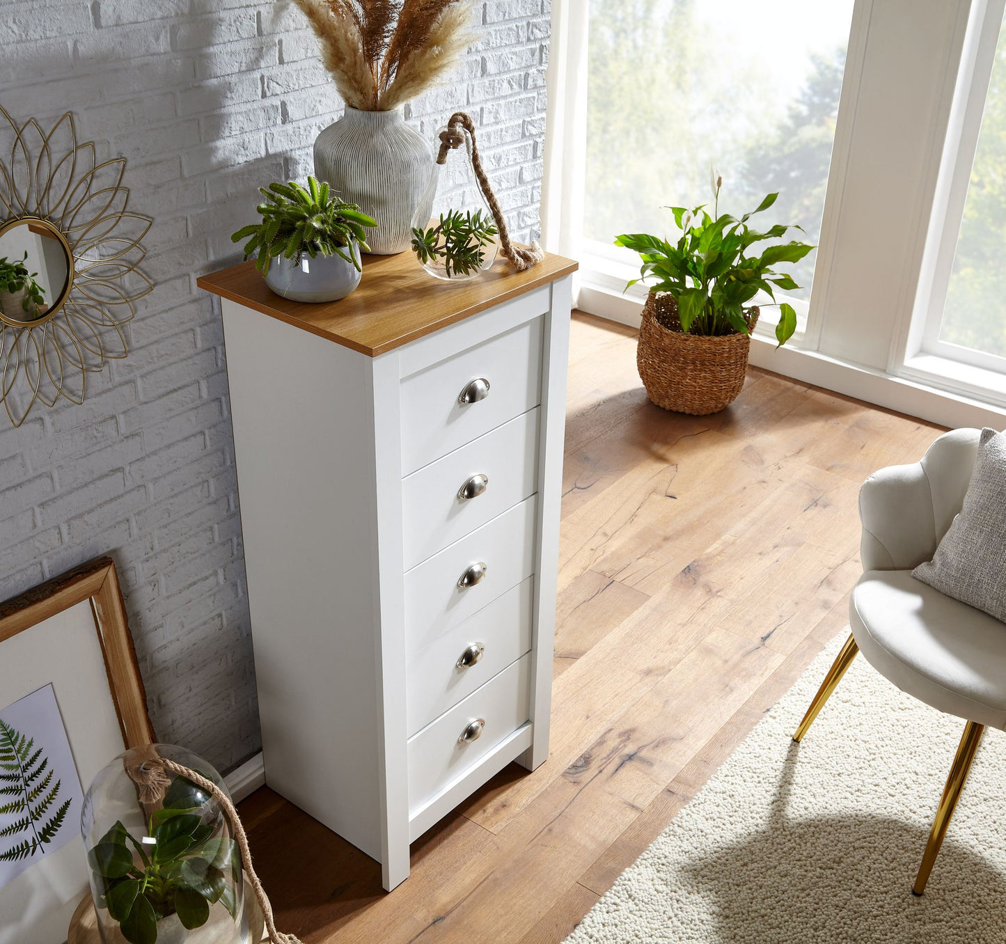 Sideboard mit 5 Schubladen 53 mal 114 mal 39 cm Kommode Weiss Eiche Modern Design Anrichte Hoch Schmal Schubladenkommode Wohnzimmer