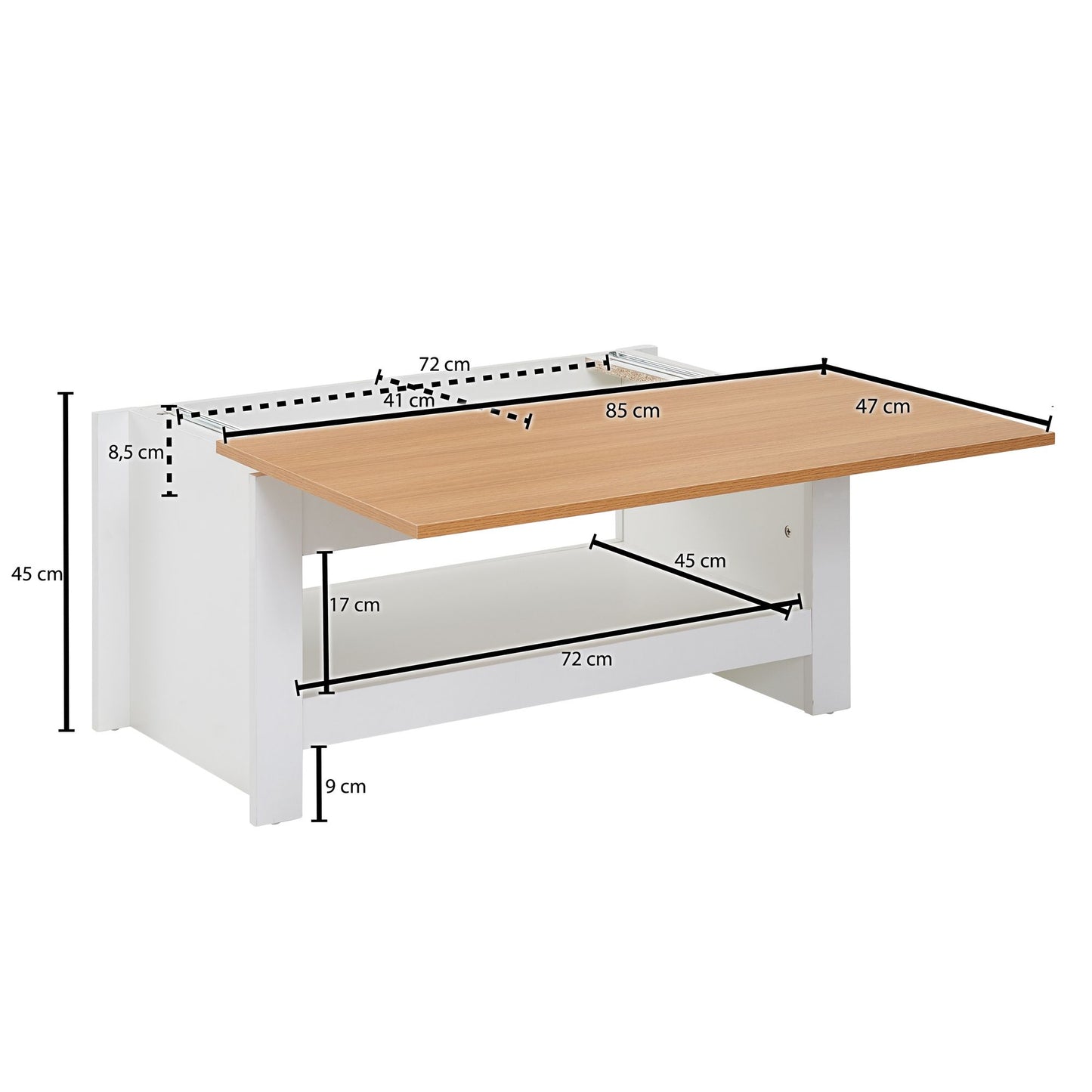 Couchtisch Weiss Eiche 85 mal 47 mal 45 cm Wohnzimmertisch mit Stauraum Design Sofatisch mit Ablagefach Modern Kaffeetisch Loungetisch Eckig