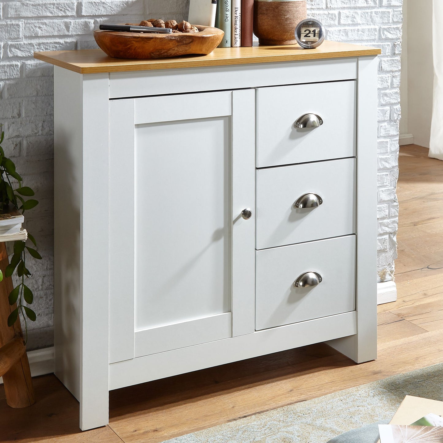 Sideboard mit 3 Schubladen 79 mal 81 mal 35 cm Kommode Weiss Eiche Modern Design Anrichte Hoch mit Tuer Schubladenkommode Wohnzimmer