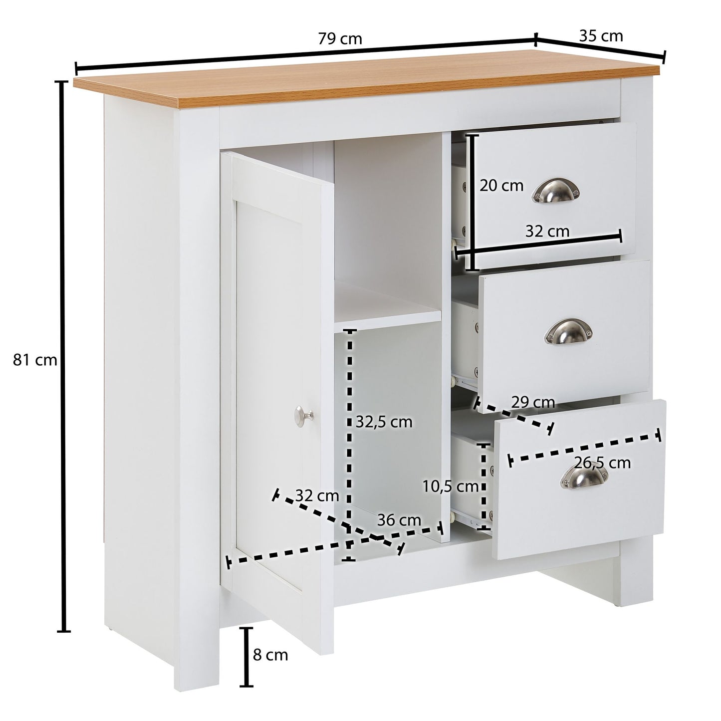 Sideboard mit 3 Schubladen 79 mal 81 mal 35 cm Kommode Weiss Eiche Modern Design Anrichte Hoch mit Tuer Schubladenkommode Wohnzimmer