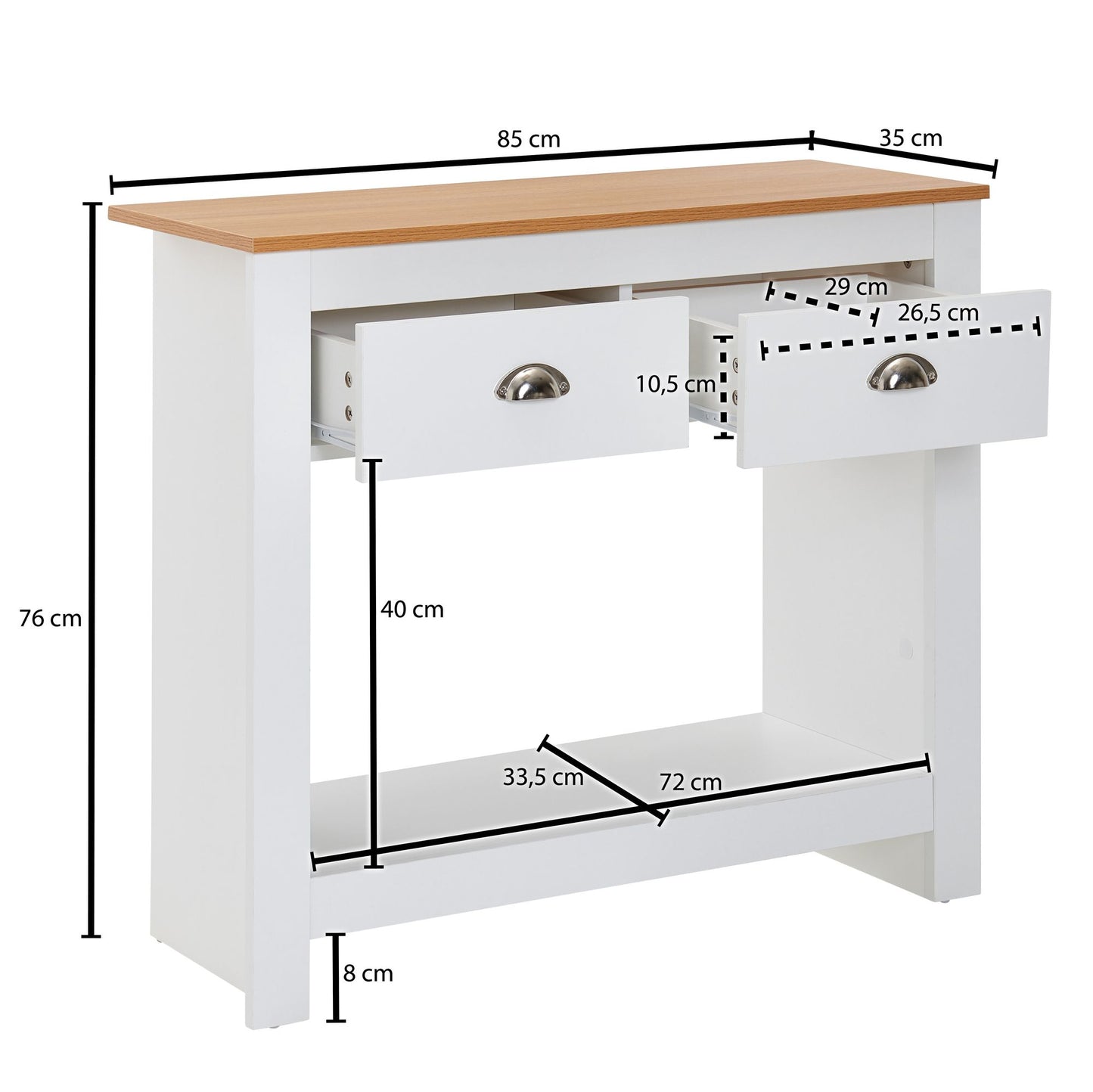 Konsolentisch 85 mal 35 mal 76 cm Weiss Eiche Design Anrichte Modern Schmal Ablagetisch Flur mit Schubladen und Stauraum Flurtisch Hoch