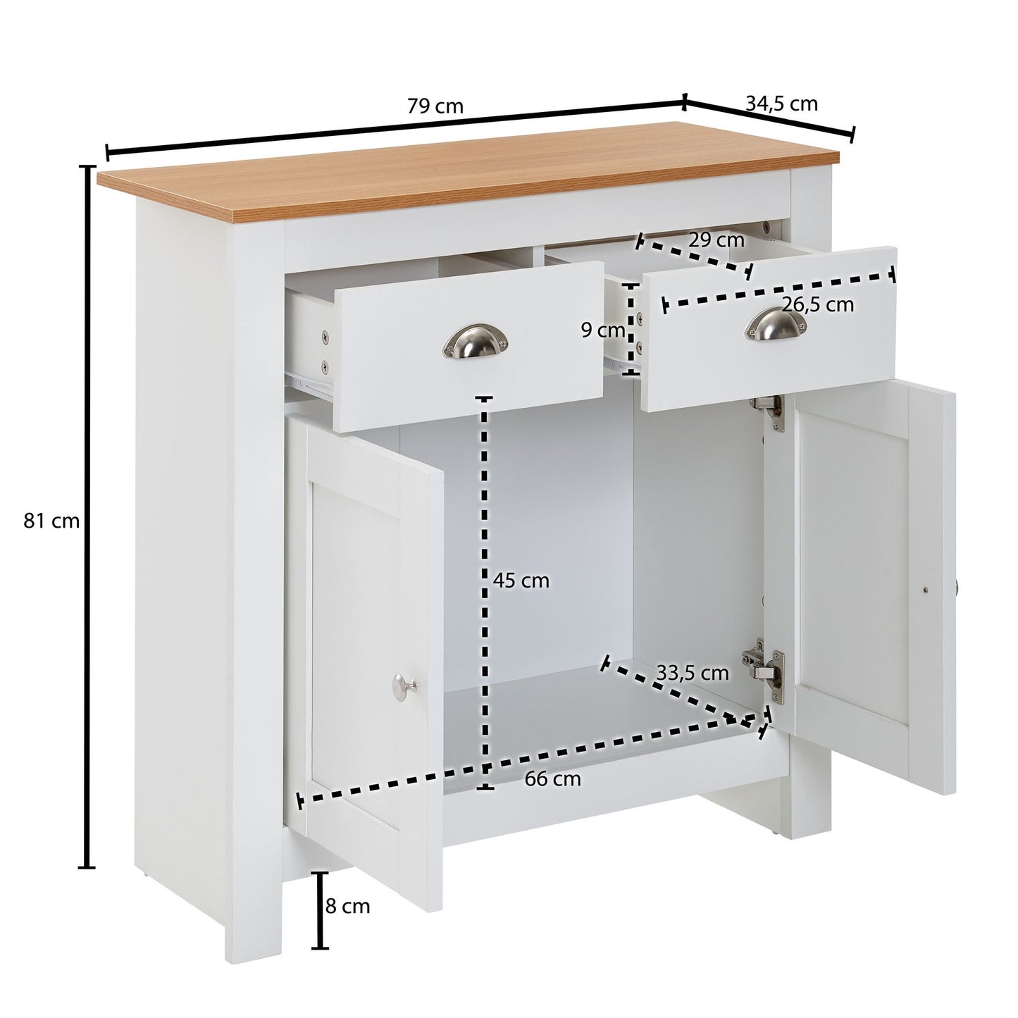 Sideboard mit 2 Schubladen 79 mal 81 mal 34 5 cm Kommode Weiss Eiche Modern Design Anrichte Hoch mit Tueren Schubladenkommode Wohnzimmer