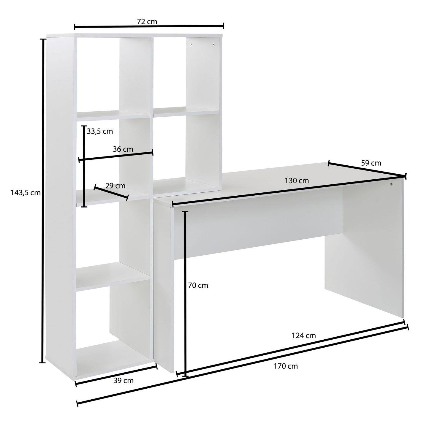 Schreibtisch mit Regal Weiss 170 mal 59 mal 143 5 cm Buerotisch Modern Laptoptisch mit 6 Ablagen Homeoffice Computertisch mit Stauraum