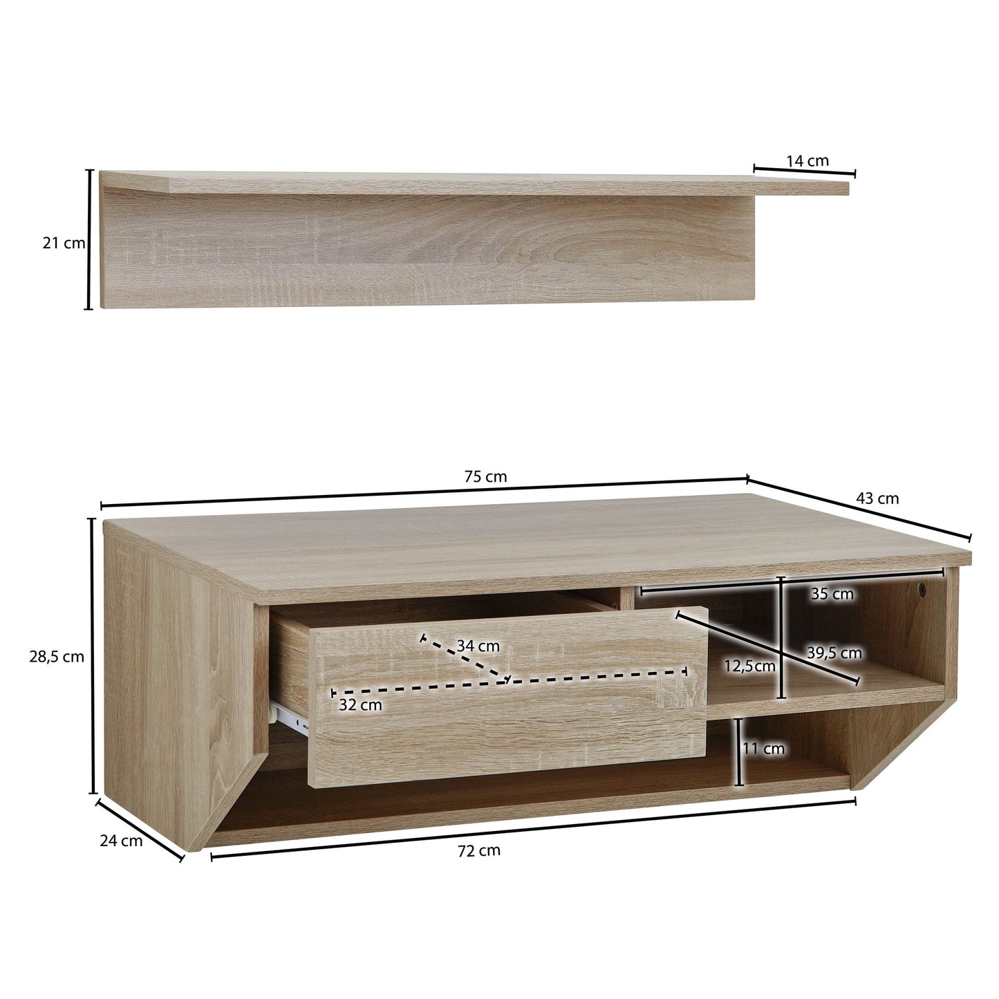 Haengeschrank mit Wandregal Sonoma Eiche 75 cm Design Schweberegal Wandschrank mit Schublade Oberschrank Wand Flur Wohnzimmer