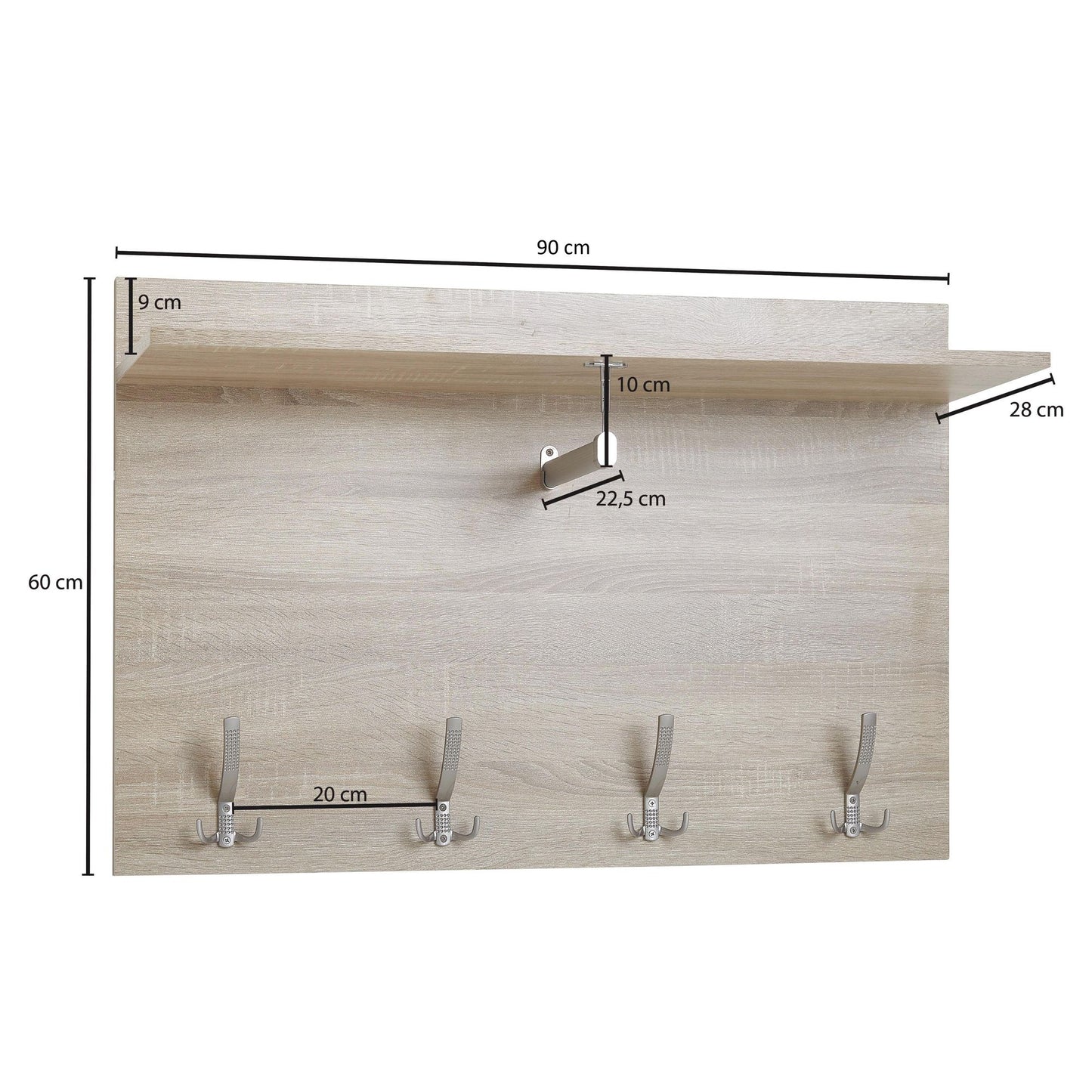 Wandgarderobe Sonoma Eiche 90 mal 60 mal 29 5 cm Design Flurgarderobe Holz Hakenleiste Wandpaneel mit Ablage und Kleiderstange Garderobe Wand Garderobenleiste Flur