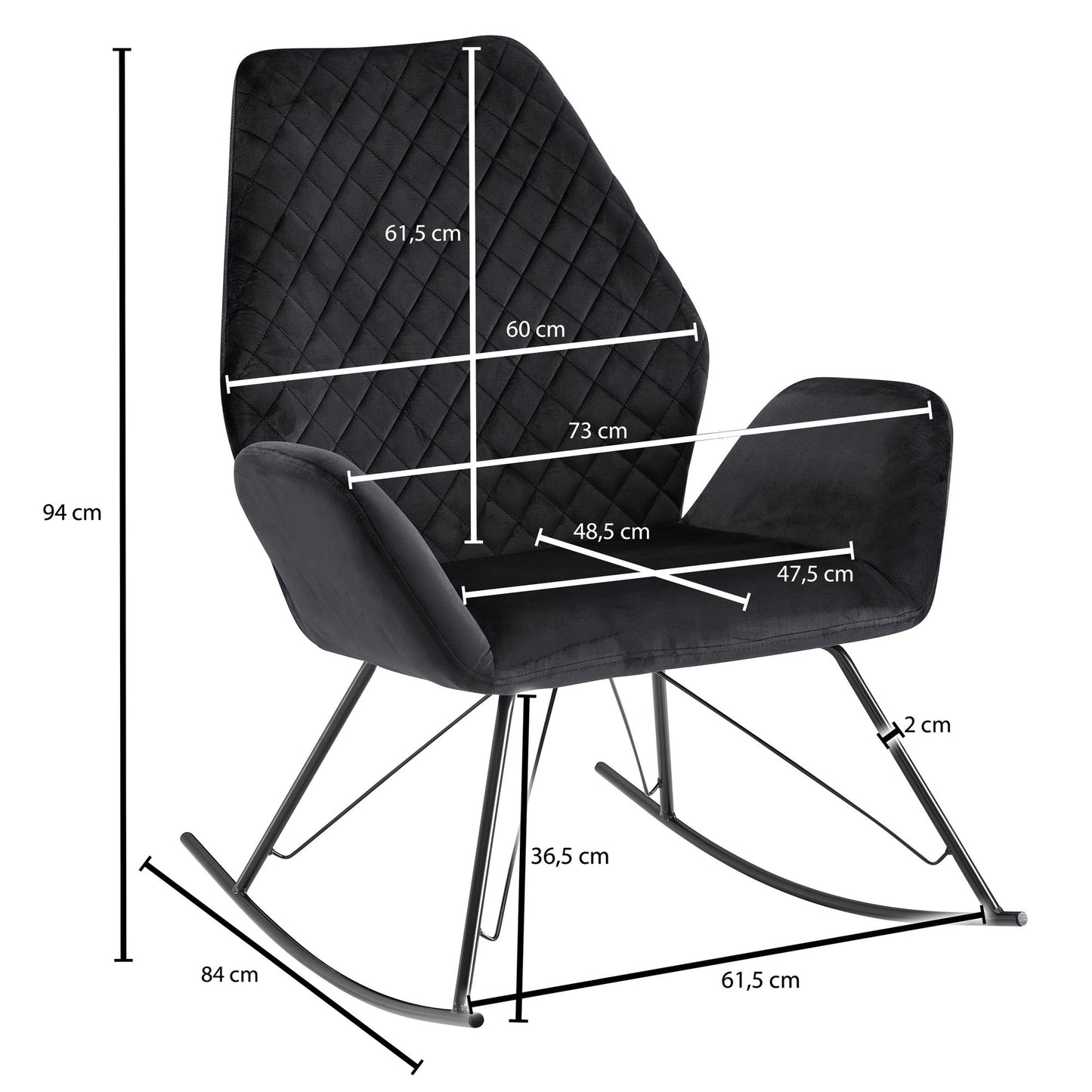 Schaukelstuhl Schwarz 73 mal 94 mal 84 cm Design Rela mal sessel Samt Metall Schwingsessel mit Gestell Polster Rela mal stuhl Schaukelsessel Moderner Schwingstuhl Sessel