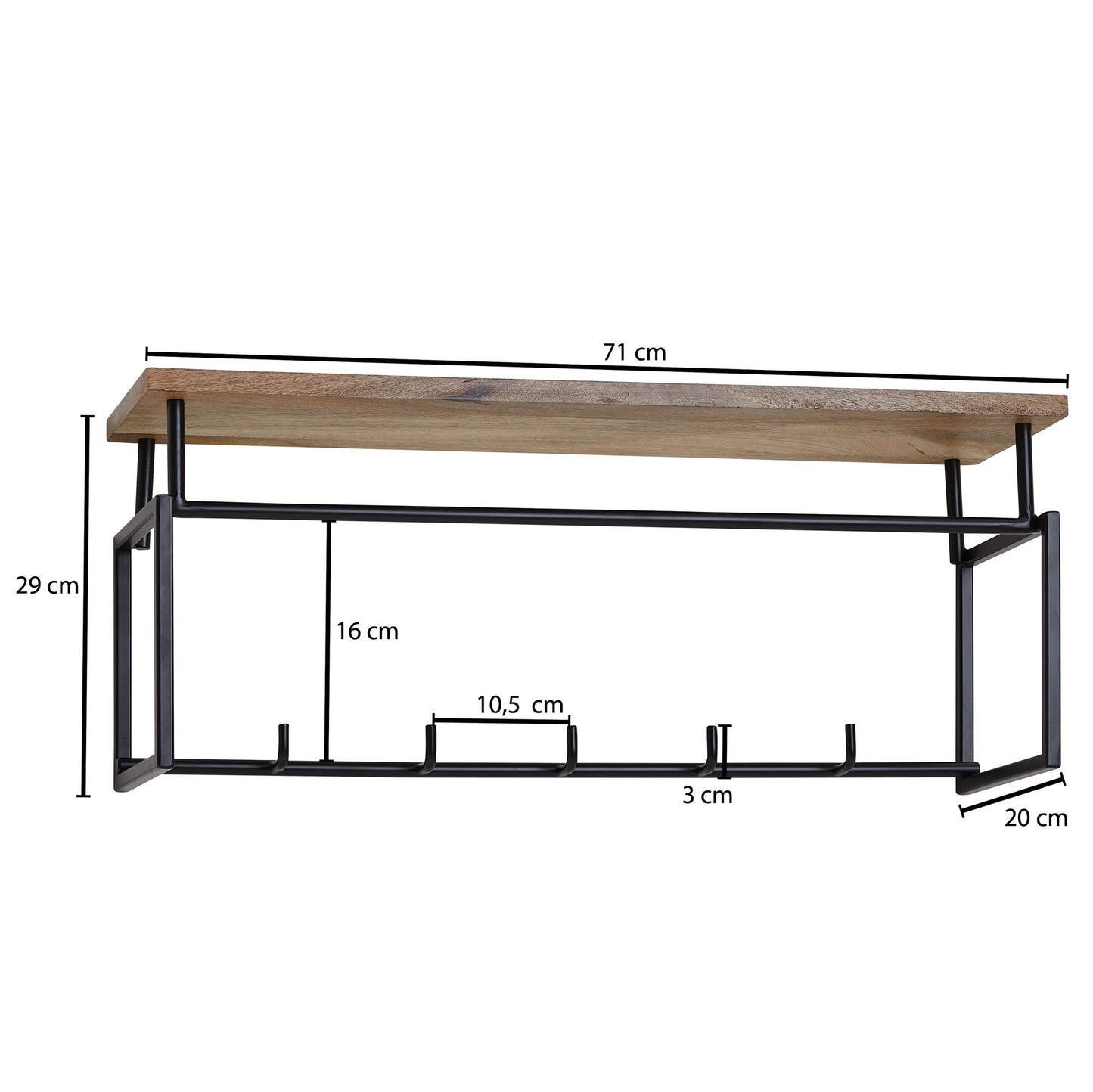 Design Wandgarderobe Mango Massivholz Metall 71 mal 29 mal 20 cm Hakenleiste mit Ablage und Kleiderstange Flurgarderobe Garderobe Wand Holz