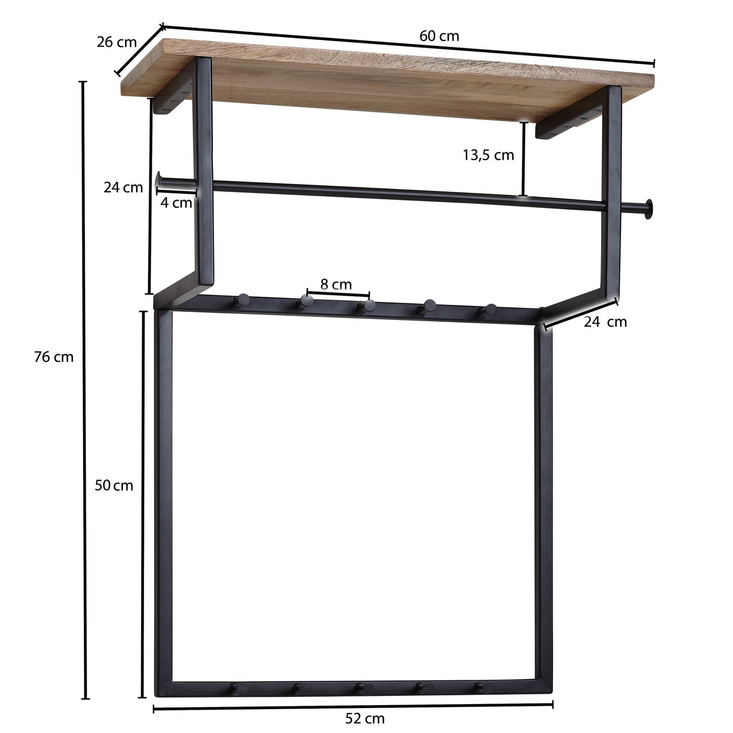 Design Wandgarderobe Mango Massivholz Metall 60 mal 76 mal 26 cm Hakenleiste mit Ablage und Kleiderstange Flurgarderobe Garderobe Wand Holz