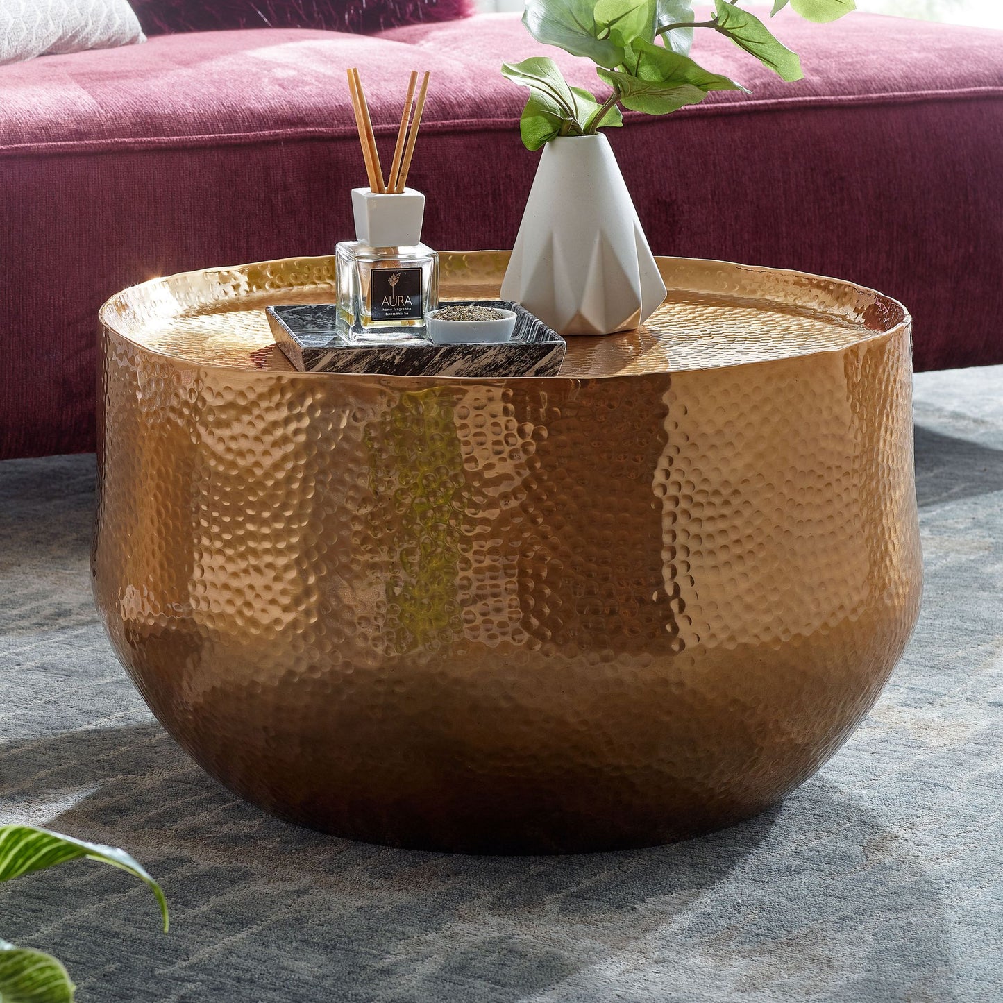 Couchtisch Aluminium Gold 60 mal 60 mal 35 cm Wohnzimmertisch Hammerschlag Designer Sofatisch Rund Alu Orientalisch Runder Kaffeetisch Metall Klein