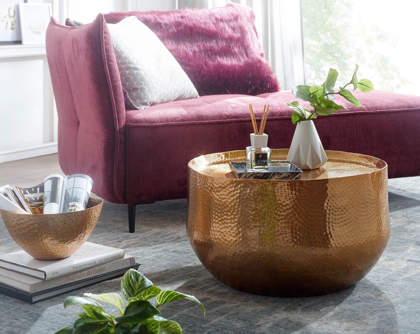 Couchtisch Aluminium Gold 60 mal 60 mal 35 cm Wohnzimmertisch Hammerschlag Designer Sofatisch Rund Alu Orientalisch Runder Kaffeetisch Metall Klein