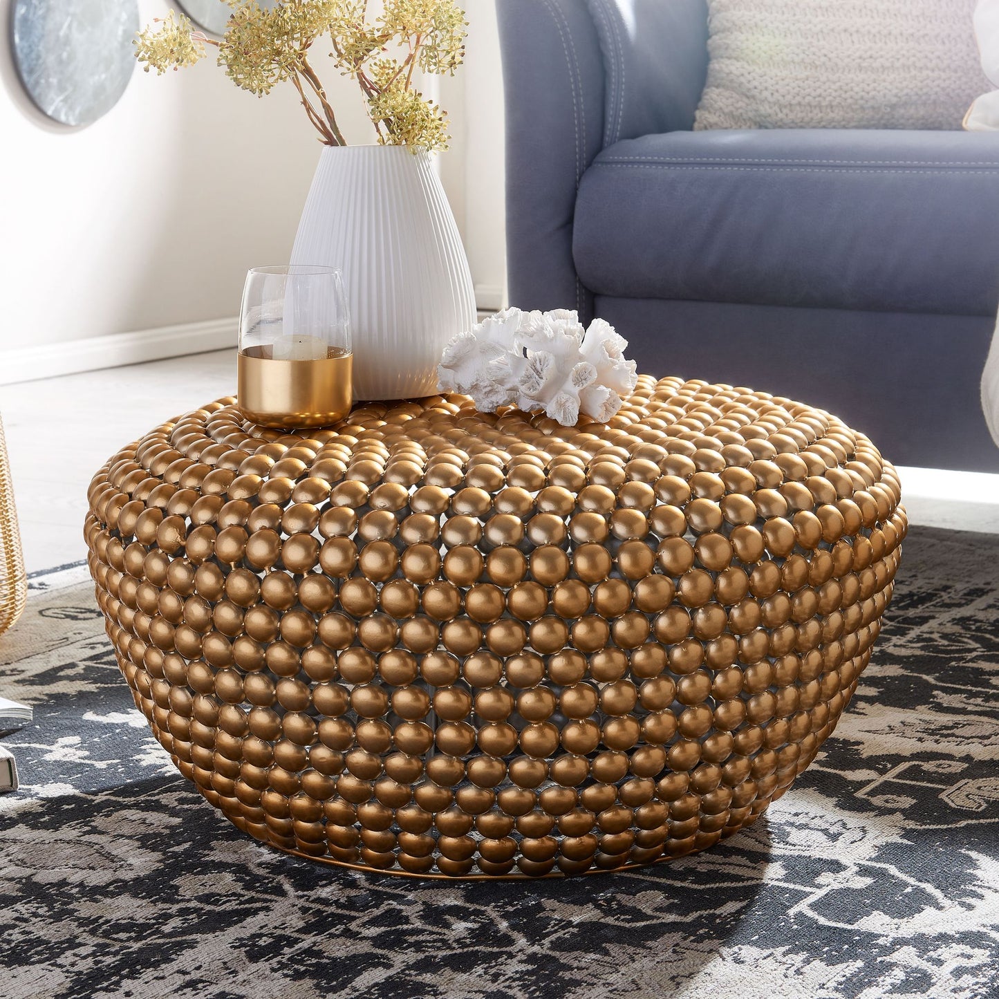Couchtisch Aluminium Gold 60 mal 60 mal 30 cm Wohnzimmertisch Metall Rund Designer Sofatisch Alu Orientalisch Runder Kaffeetisch Klein