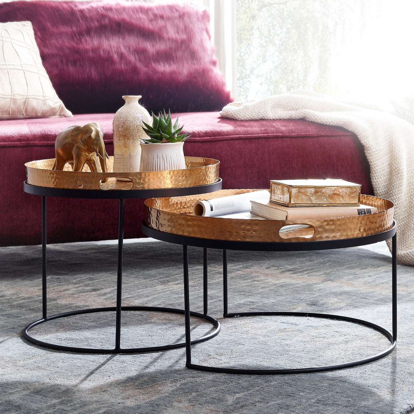 Couchtisch 2er Set Gold Schwarz Metall Hammerschlag Satztisch Rund Sofatisch abnehmbares Tablett Tabletttisch Sofa 2 teilig Modern Runder Beistelltisch