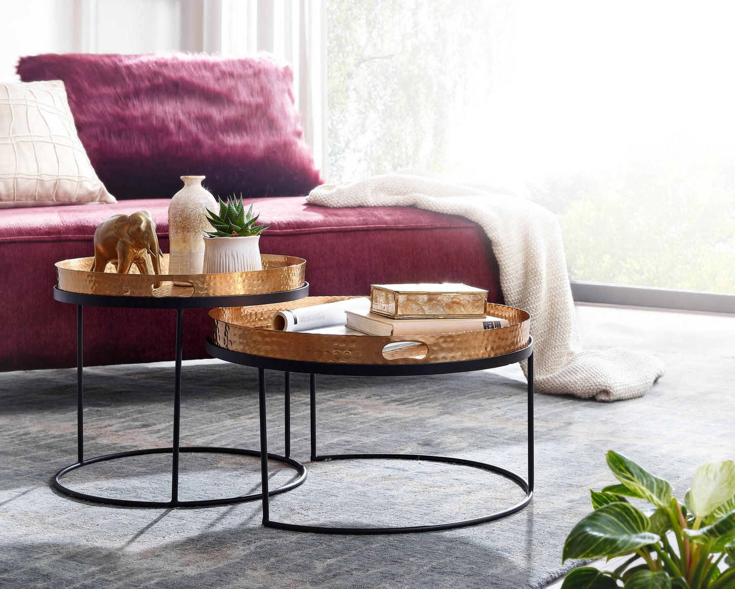 Couchtisch 2er Set Gold Schwarz Metall Hammerschlag Satztisch Rund Sofatisch abnehmbares Tablett Tabletttisch Sofa 2 teilig Modern Runder Beistelltisch