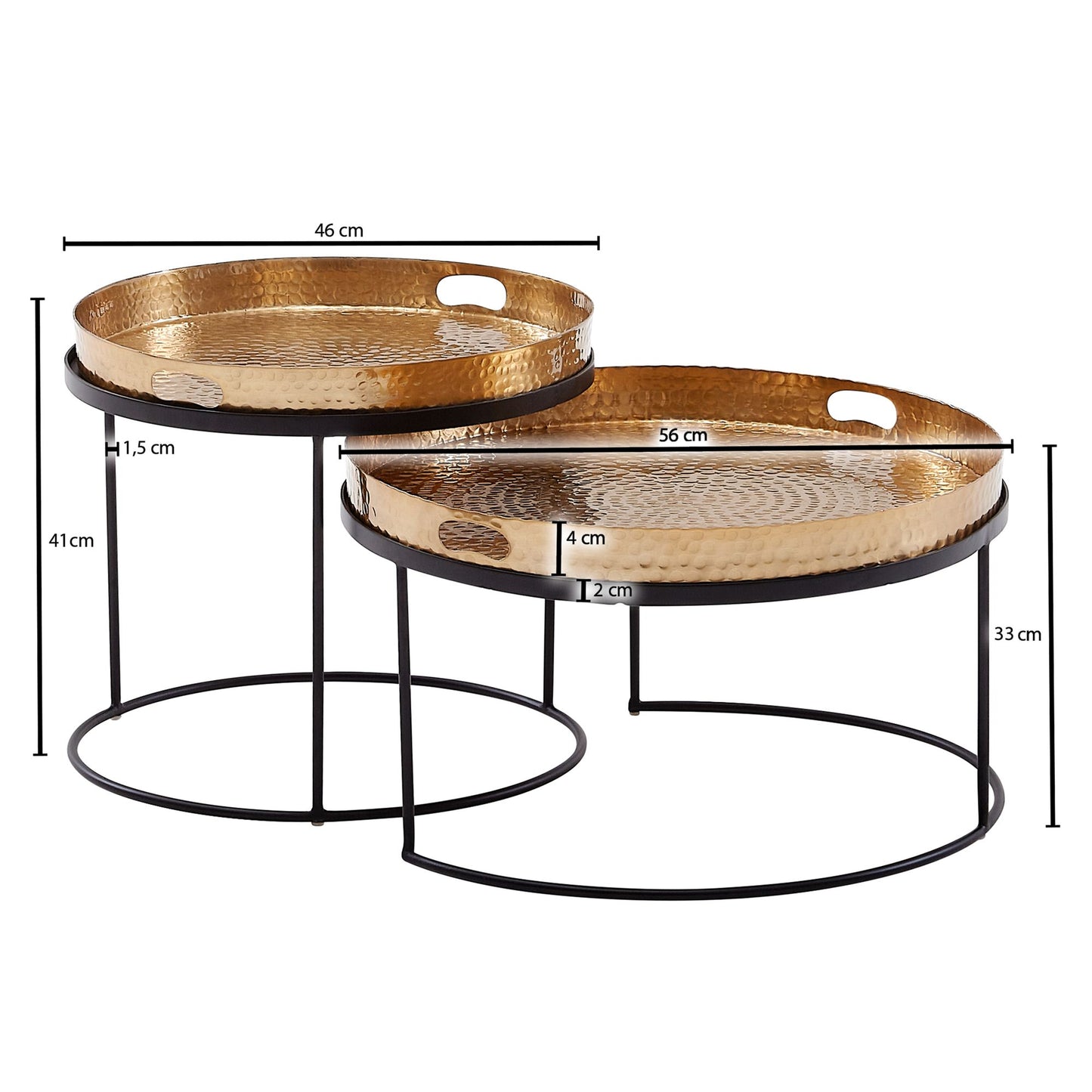 Couchtisch 2er Set Gold Schwarz Metall Hammerschlag Satztisch Rund Sofatisch abnehmbares Tablett Tabletttisch Sofa 2 teilig Modern Runder Beistelltisch