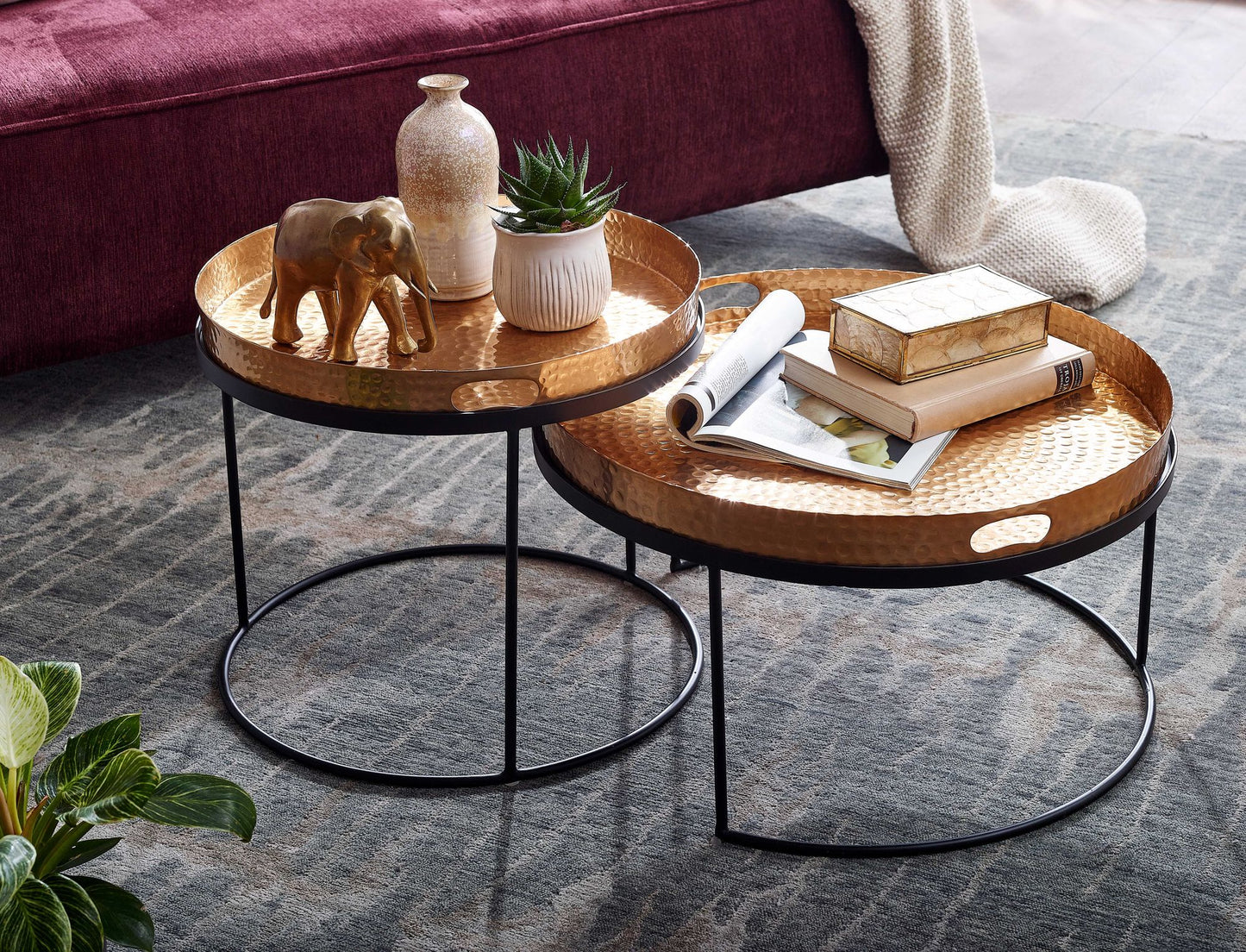 Couchtisch 2er Set Gold Schwarz Metall Hammerschlag Satztisch Rund Sofatisch abnehmbares Tablett Tabletttisch Sofa 2 teilig Modern Runder Beistelltisch