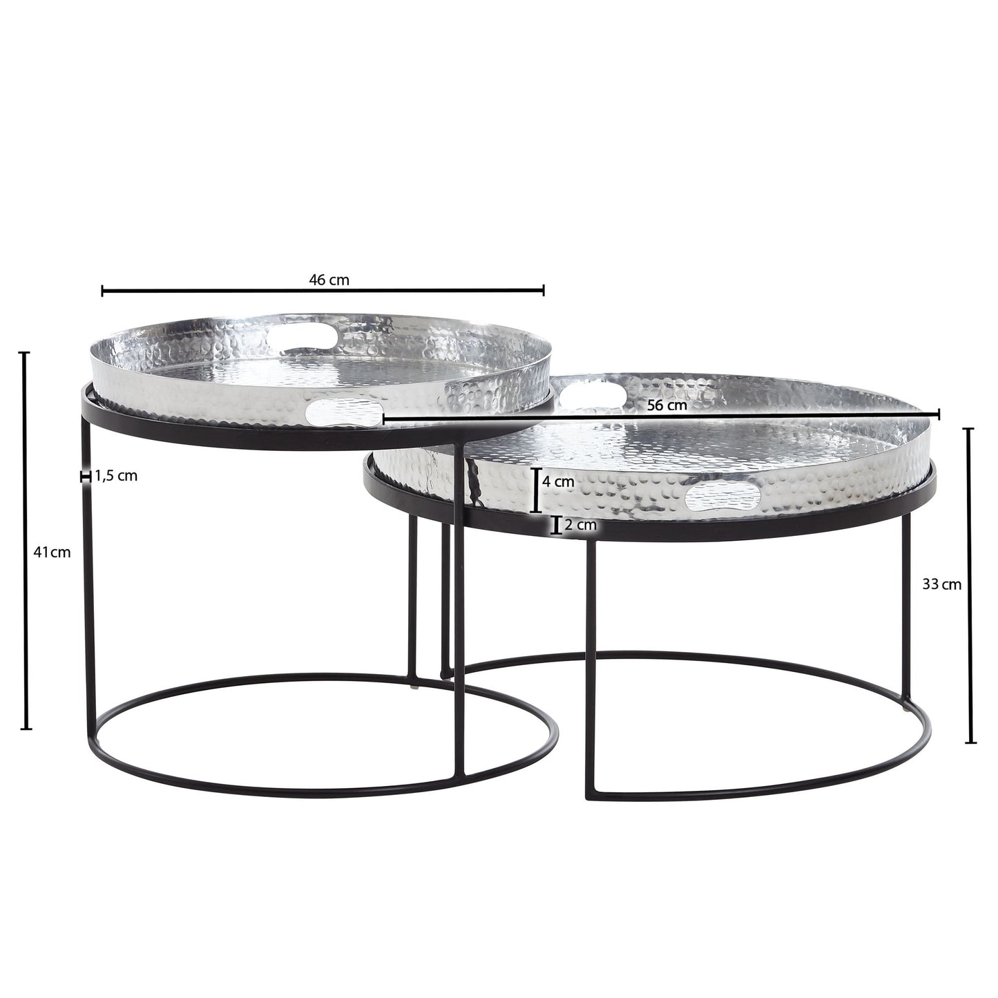 Couchtisch 2er Set Silber Schwarz Metall Hammerschlag Satztisch Rund Sofatisch abnehmbares Tablett Tabletttisch Sofa 2 teilig Modern Runder Beistelltisch