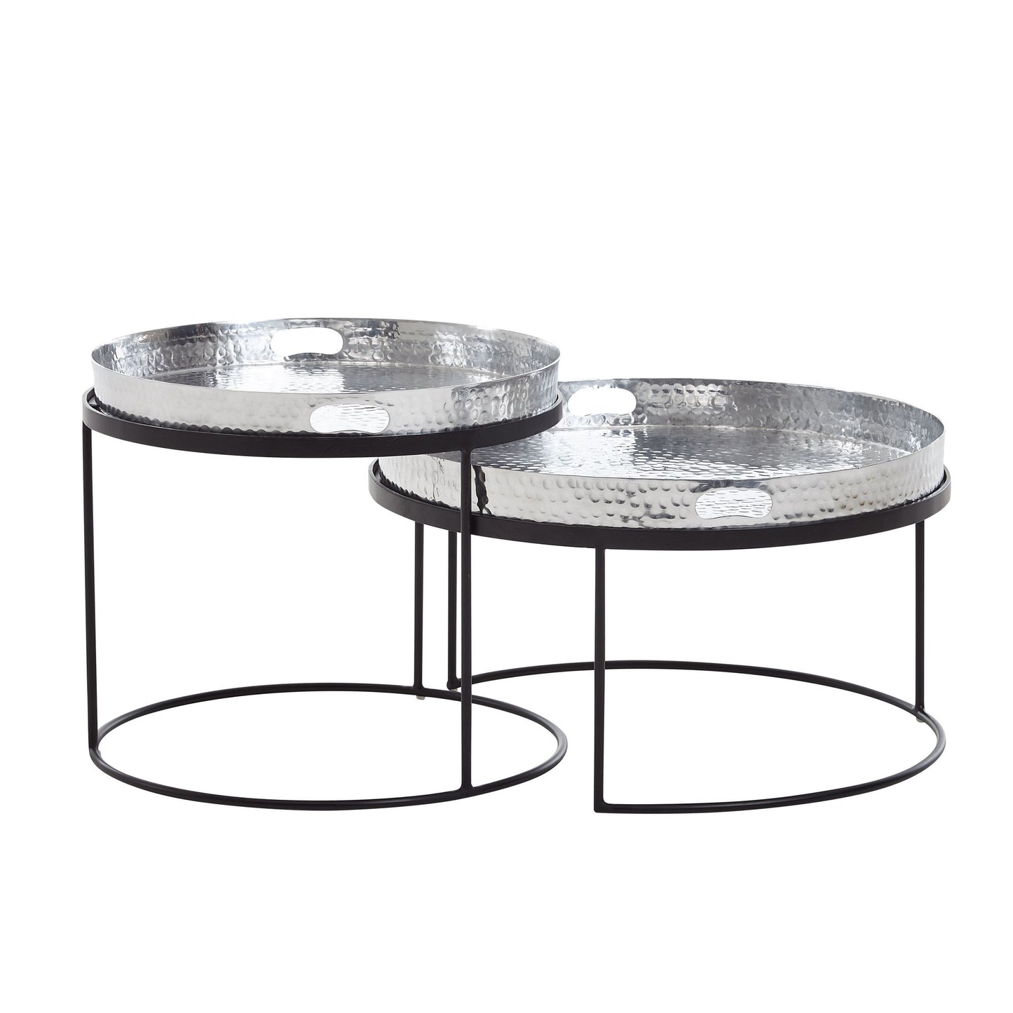 Couchtisch 2er Set Silber Schwarz Metall Hammerschlag Satztisch Rund Sofatisch abnehmbares Tablett Tabletttisch Sofa 2 teilig Modern Runder Beistelltisch