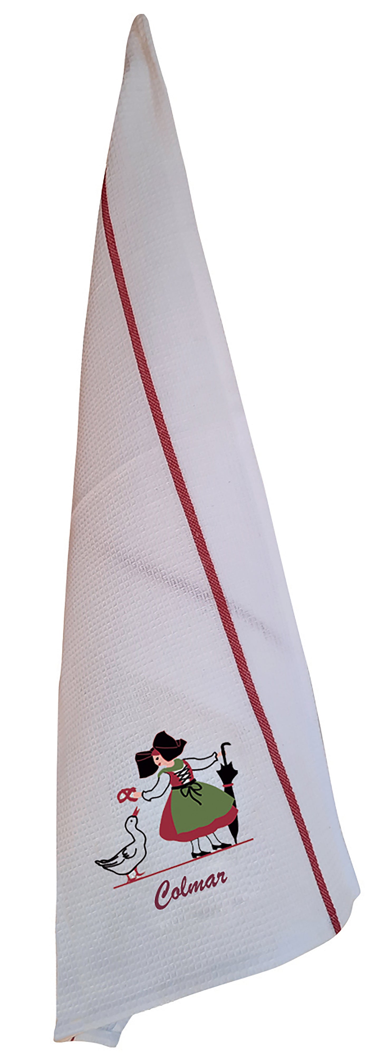 Waffelgewebe Geschirrtuch mit Stickerei Alsacienne Oie Colmar Blanc Rouge 50 X 70