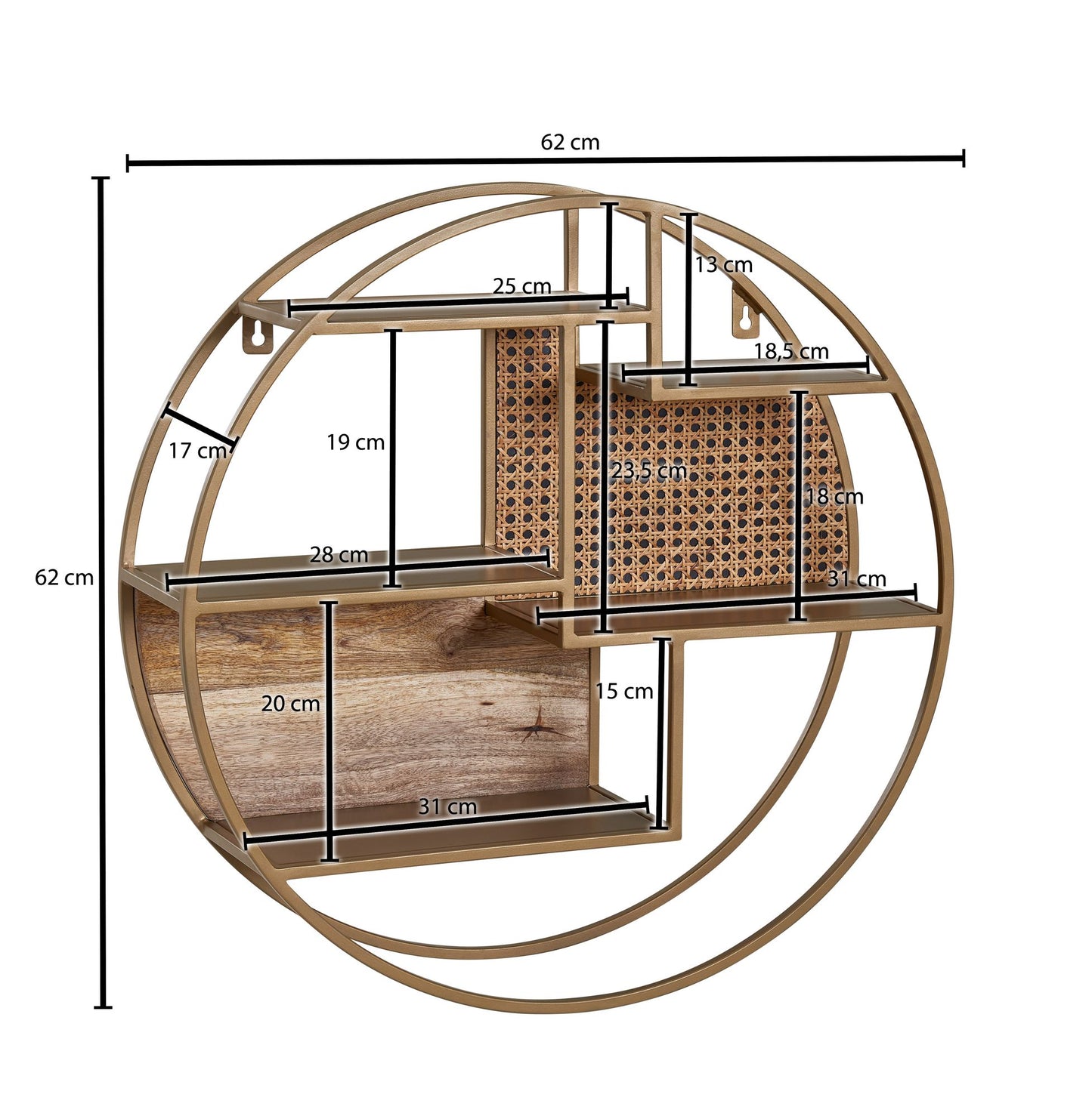 Wandregal Rattan 62 mal 62 mal 17 cm Haengeregal Massivholz Metall Industrial Schweberegal Wiener Geflecht Rund Wand Regal Haengend Offen Wohnzimmer