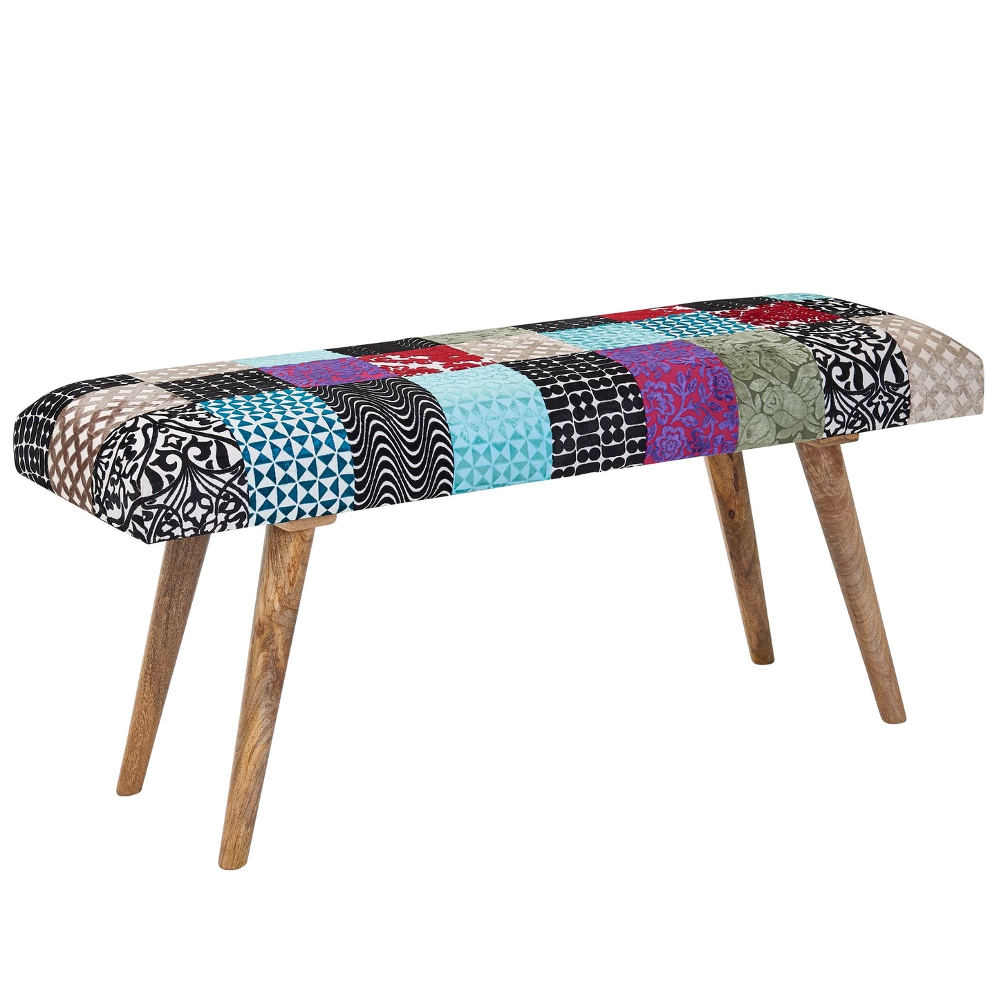 Sitzbank Samt Massivholz Bank Bunt 117 mal 51 mal 38 cm Bettbank Patchwork Design Polsterbank Flur Modern Gepolsterte Stoffbank Esszimmer Flurbank ohne Lehne