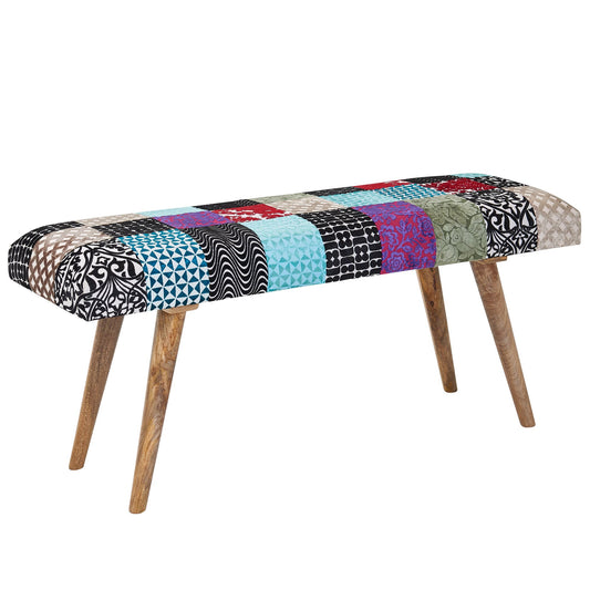 Sitzbank Samt Massivholz Bank Bunt 117 mal 51 mal 38 cm Bettbank Patchwork Design Polsterbank Flur Modern Gepolsterte Stoffbank Esszimmer Flurbank ohne Lehne