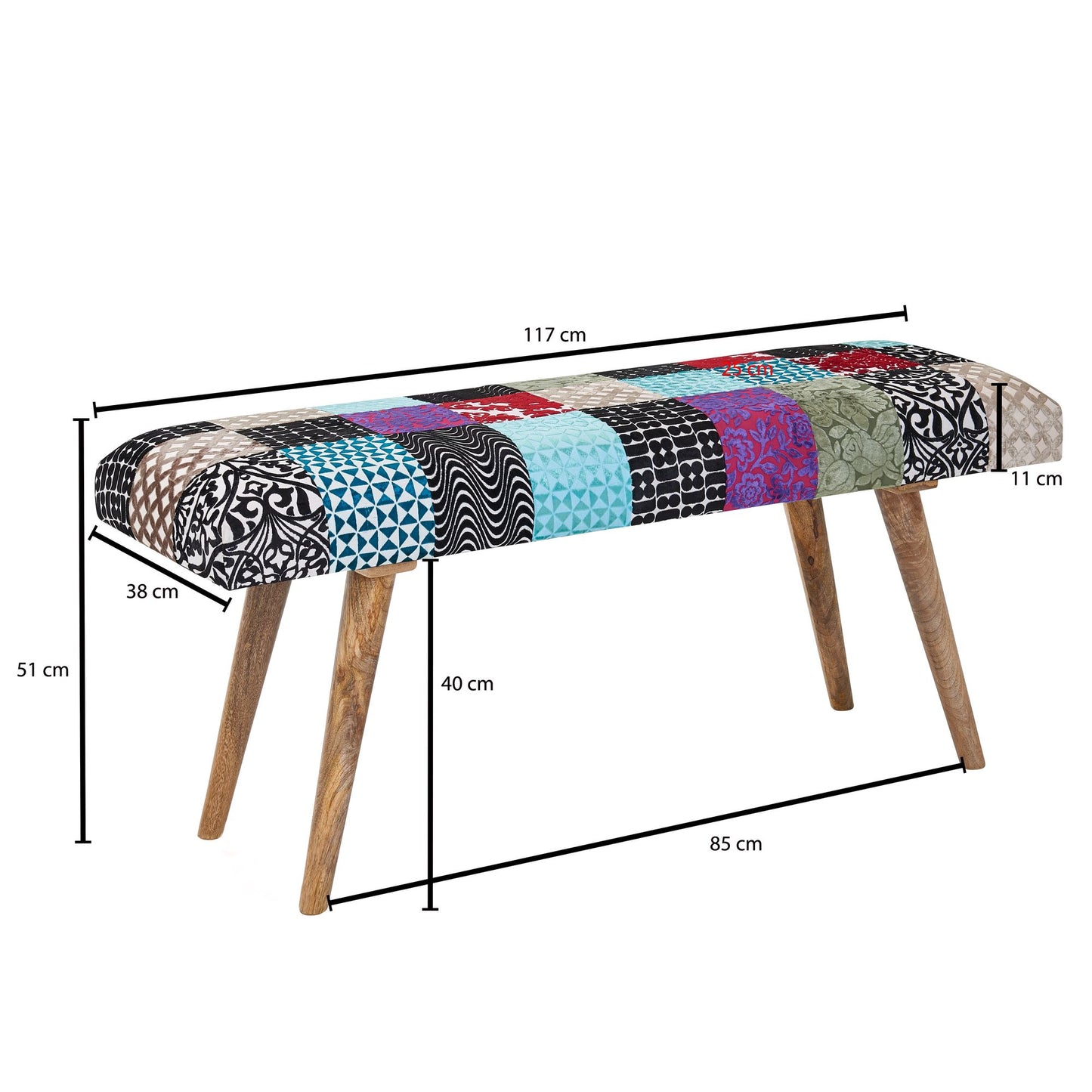 Sitzbank Samt Massivholz Bank Bunt 117 mal 51 mal 38 cm Bettbank Patchwork Design Polsterbank Flur Modern Gepolsterte Stoffbank Esszimmer Flurbank ohne Lehne