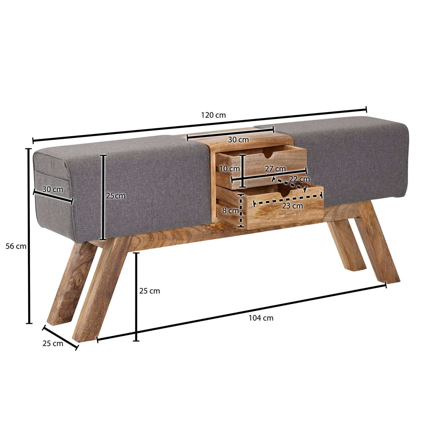 Design Turnbock Sitzbank Grau mit Schubladen 120 mal 56 mal 30 cm Turnhocker Bank aus Stoff mit Stauraum Hocker Garderobenbank Sitzhocker Springbock Turnbank