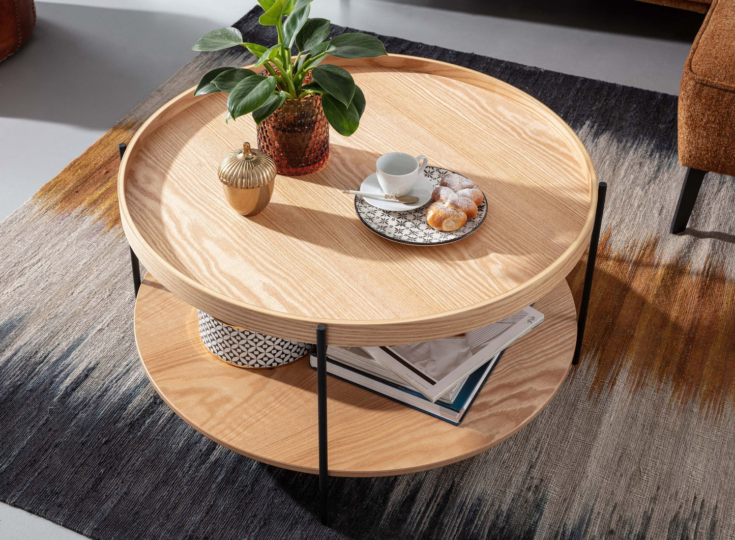 Couchtisch 78 mal 78 mal 40 cm Sofatisch Holz Metall Wohnzimmertisch Eiche Design Stubentisch Modern Rund mit Ablage Holztisch Kaffeetisch Tisch Wohnzimmer