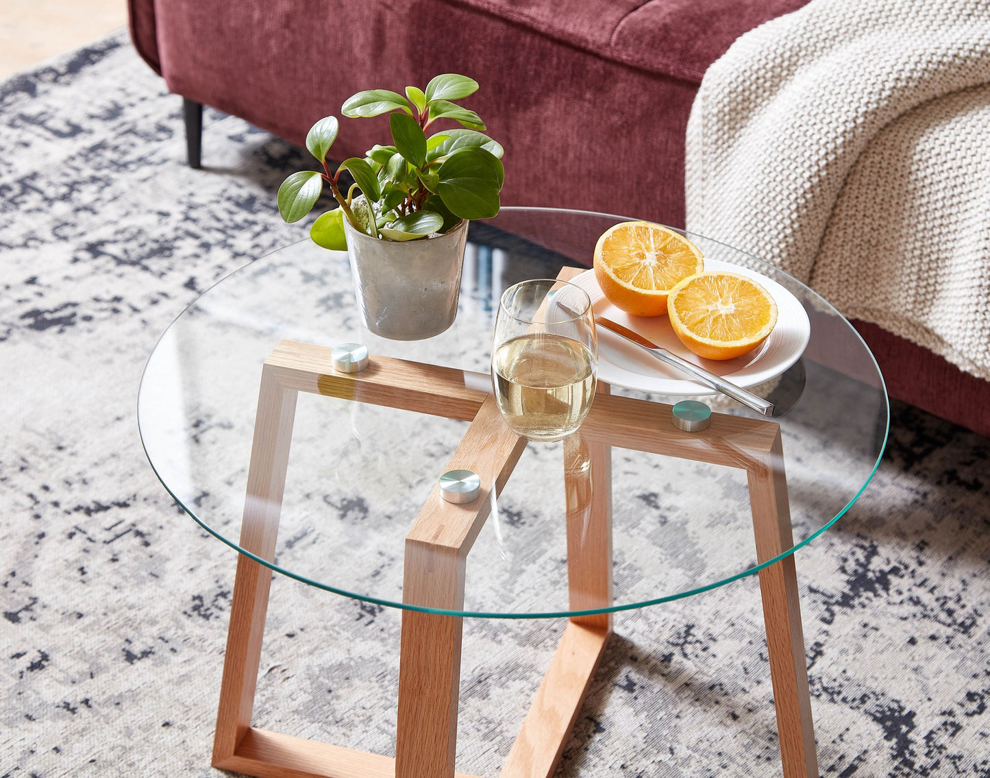 Couchtisch 58 mal 58 mal 47 cm Sofatisch Eiche Massivholz Glas Rund Design Wohnzimmertisch Modern Holztisch Stubentisch Klein Kaffeetisch Tisch Wohnzimmer Echtholz