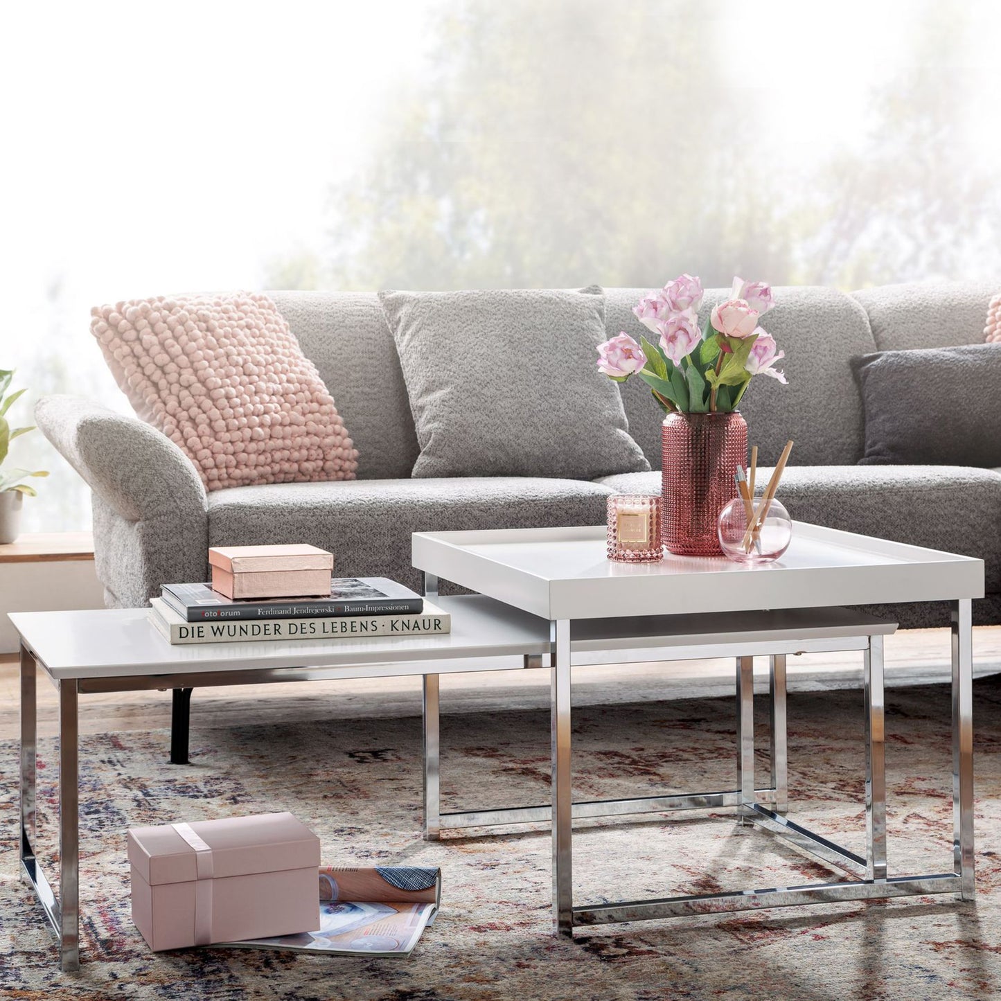 Couchtisch 2er Set Holz Metall Sofatisch Eckig Weiss Modern Beistelltisch 2 teilig Design Wohnzimmertische Holztisch Satztische