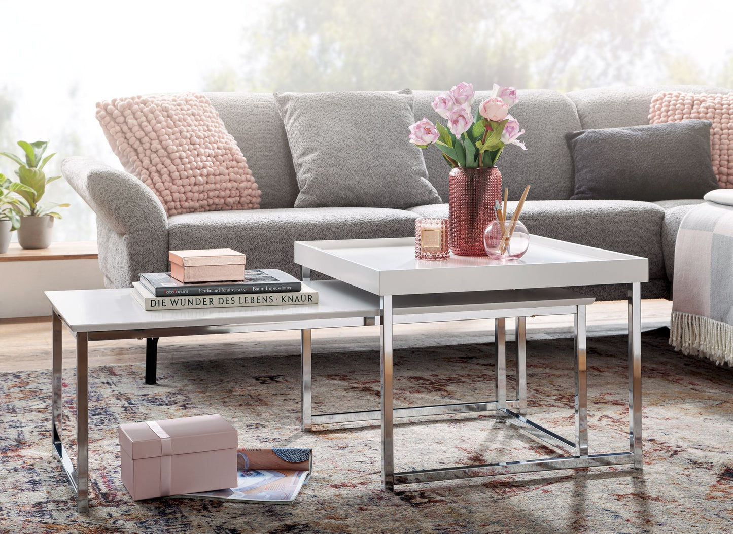 Couchtisch 2er Set Holz Metall Sofatisch Eckig Weiss Modern Beistelltisch 2 teilig Design Wohnzimmertische Holztisch Satztische