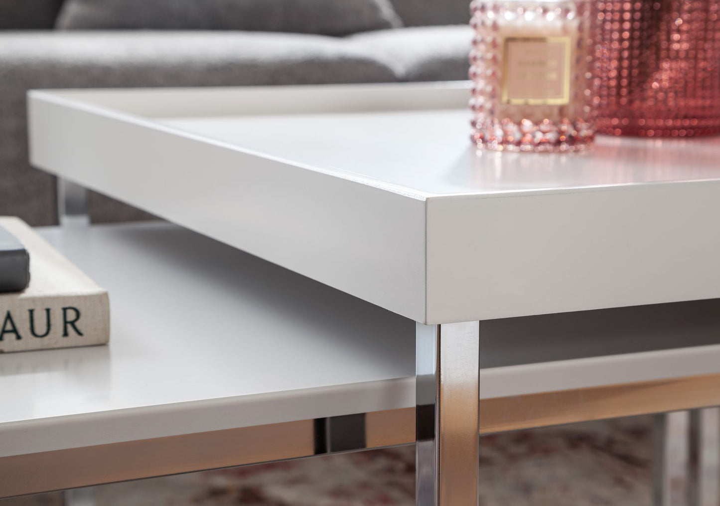 Couchtisch 2er Set Holz Metall Sofatisch Eckig Weiss Modern Beistelltisch 2 teilig Design Wohnzimmertische Holztisch Satztische