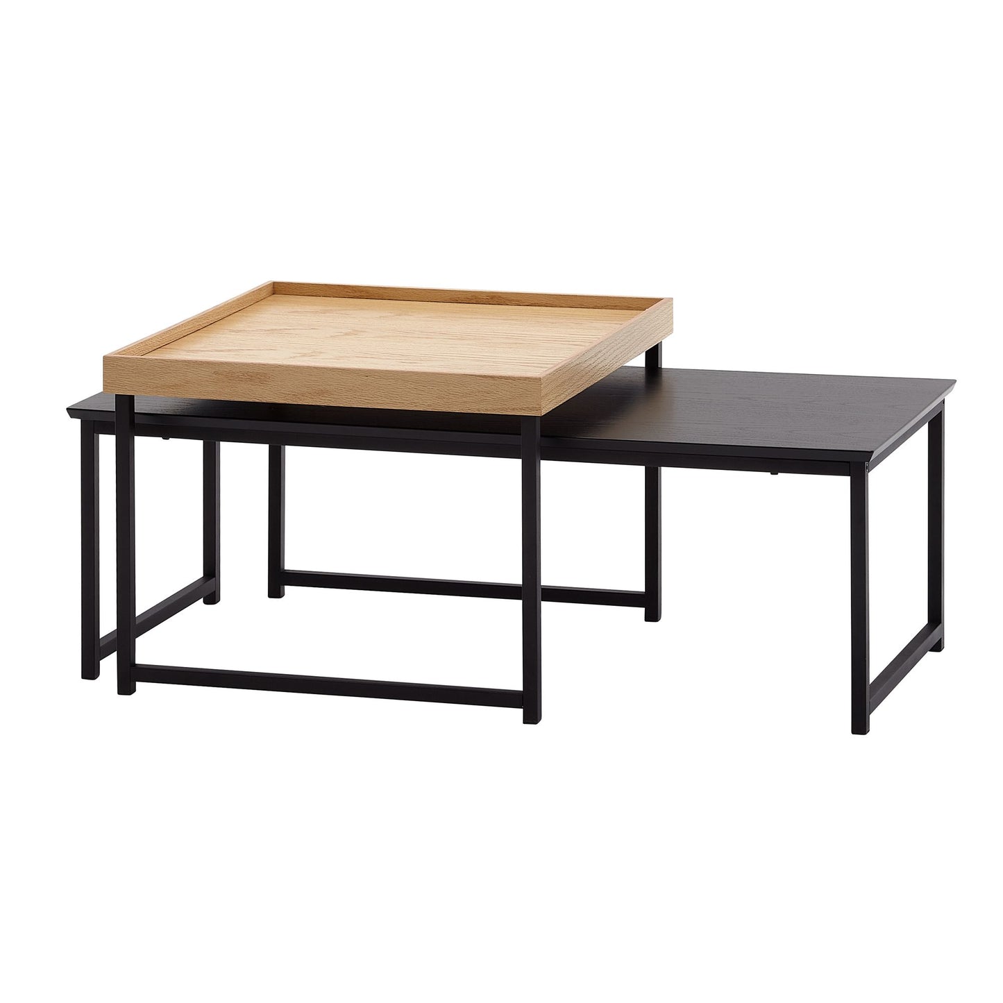 Couchtisch 2er Set Holz Metall Sofatisch Eckig Eiche Schwarz Modern Beistelltisch 2 teilig Design Wohnzimmertische Holztisch Satztische
