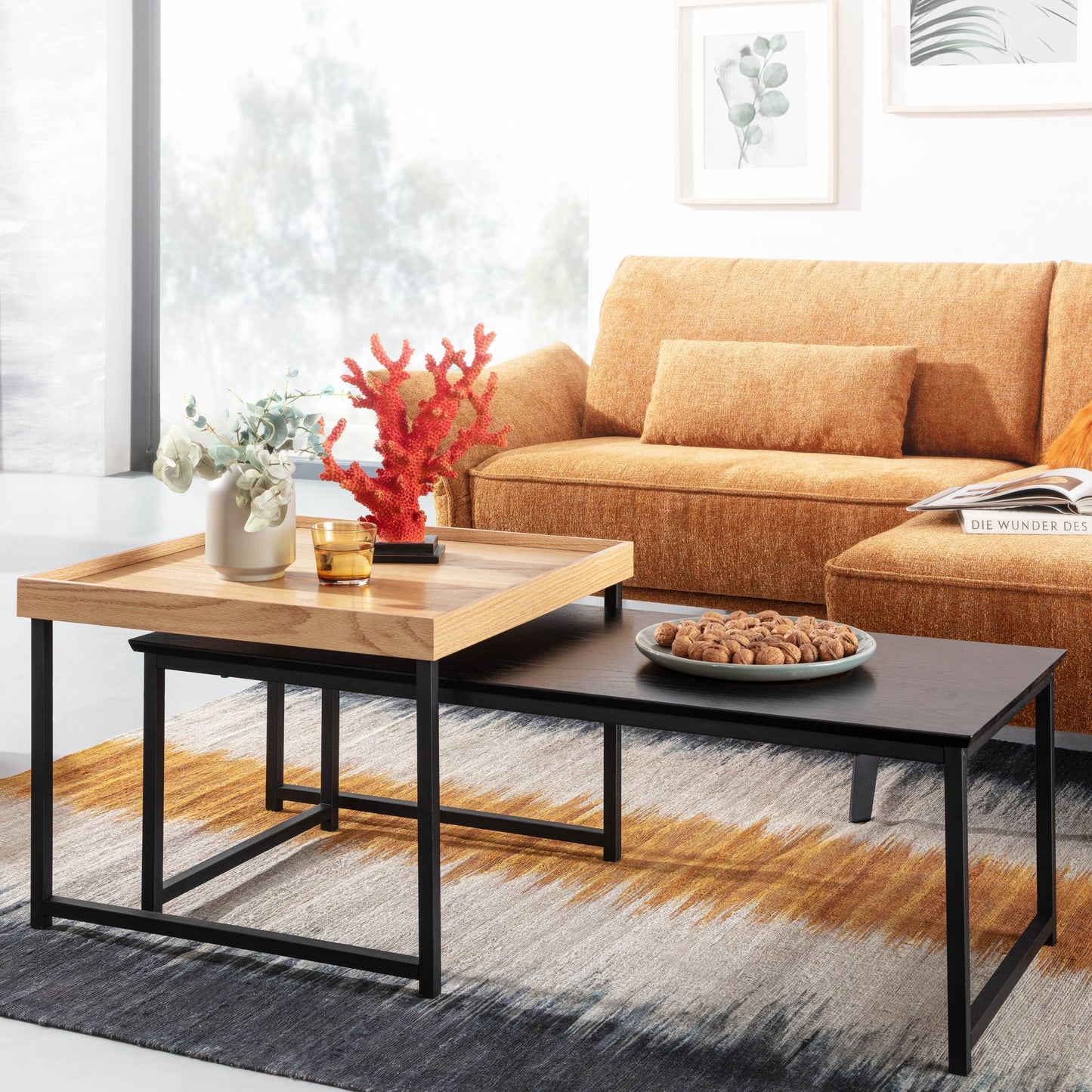 Couchtisch 2er Set Holz Metall Sofatisch Eckig Eiche Schwarz Modern Beistelltisch 2 teilig Design Wohnzimmertische Holztisch Satztische